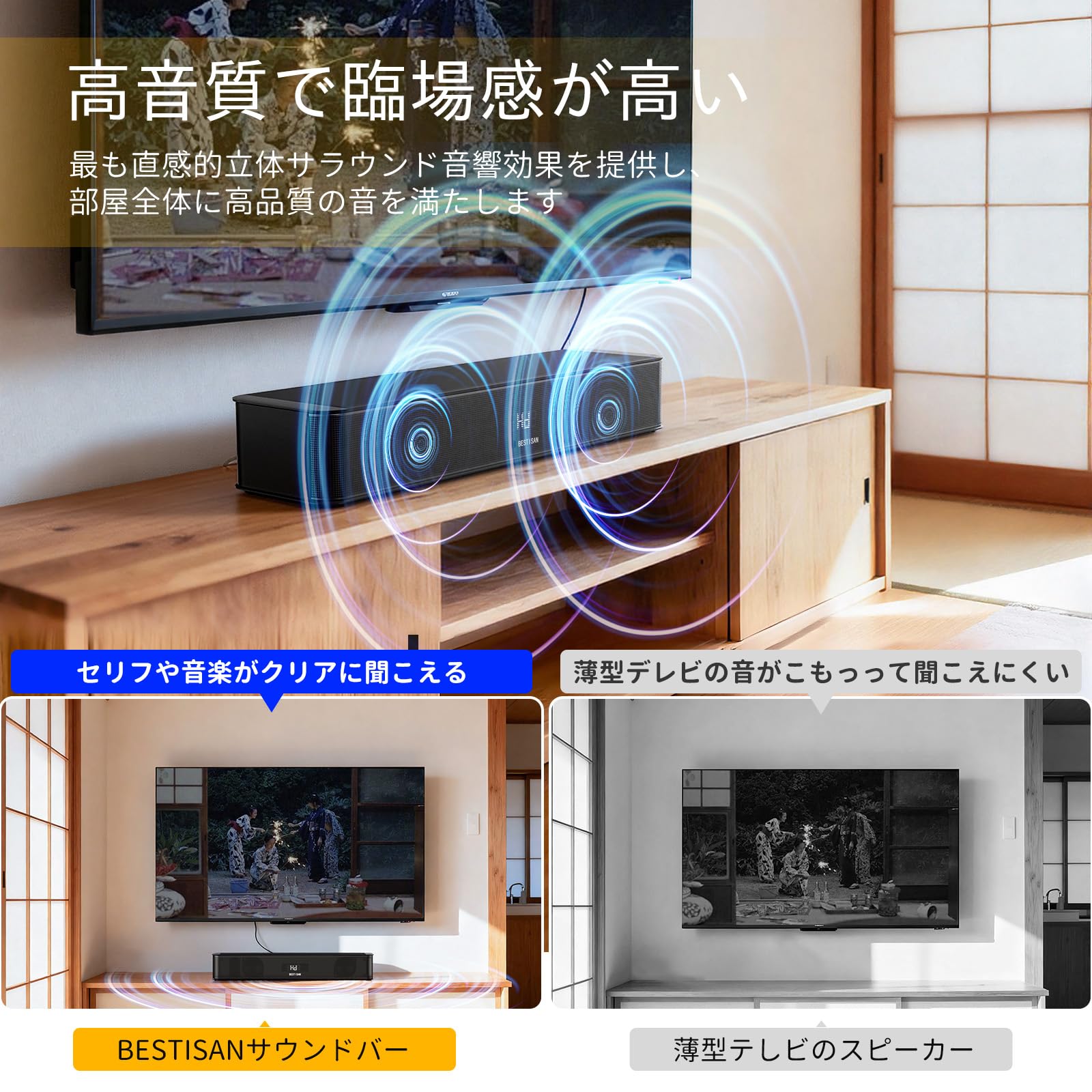BESTISAN 2.1chサウンドバー 42センチ テレビ用サウンドバー PC用スピーカー 重低音強化型 Soundbar 底部サブウーファー付きHDMI(ARC)/Bluetooth/USB/デジタル/AUX/対応 SE01 ブラック リモコン付き