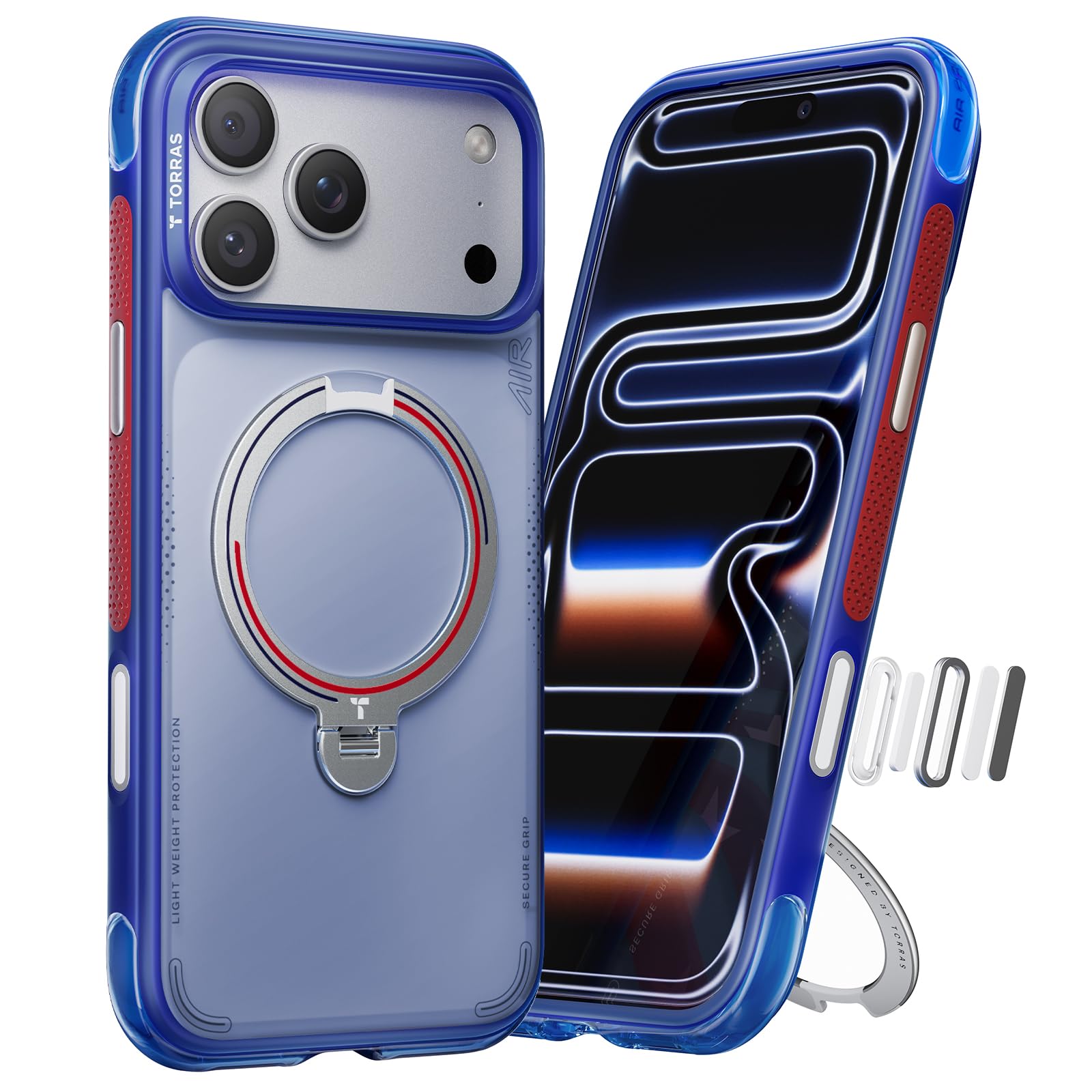 TORRAS 2026 サッカーシーズン 青い挑戦 iPhone 17 Pro 用 ケース【エアバッグ 超強保護・米軍 MIL規格 】Ostand Q3 Air MagSafe対応 リング 360°マグネットスタンド 縦横両対応 マグネット搭載 耐衝撃 サ
