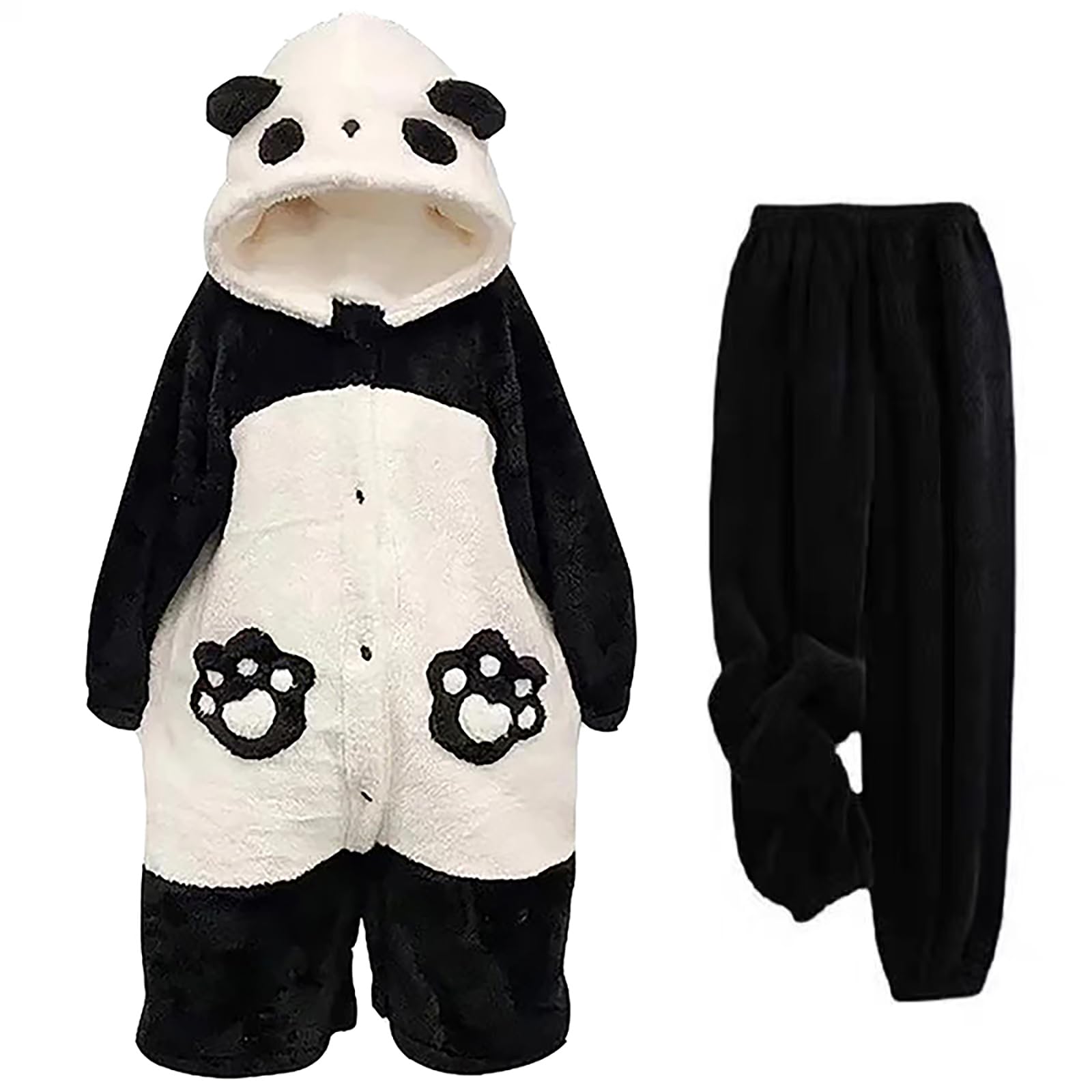 [XHSUKADO] パンダ柄 着る毛布 おもしろ レディース メンズ 男女兼用 秋冬 かわいい フード付き ふわふわ もこもこ ルームウェア 防寒 保温 あったか お洒落 春 夏 秋 冬 ボトムス付き 手袋付き (JP, アルファベット, L, ブラック