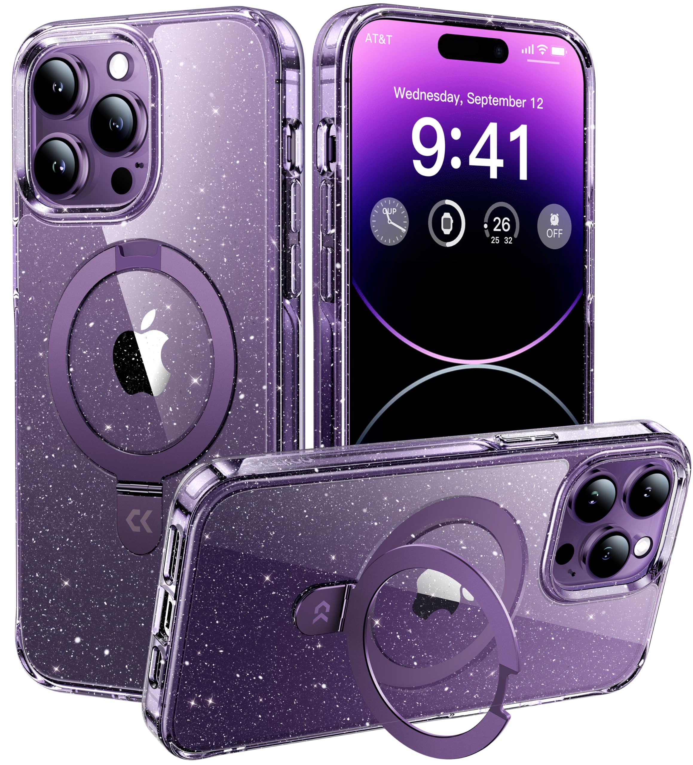 【スタンド機能・Magsafe対応】CASEKOO iPhone 14 Pro Max ケース クリア 耐衝撃 米軍規格 ストラップホール付き カバー ワイヤレス充電対応 アイフォン 14 Pro Max 用 ケース(ラメ入りパープル)