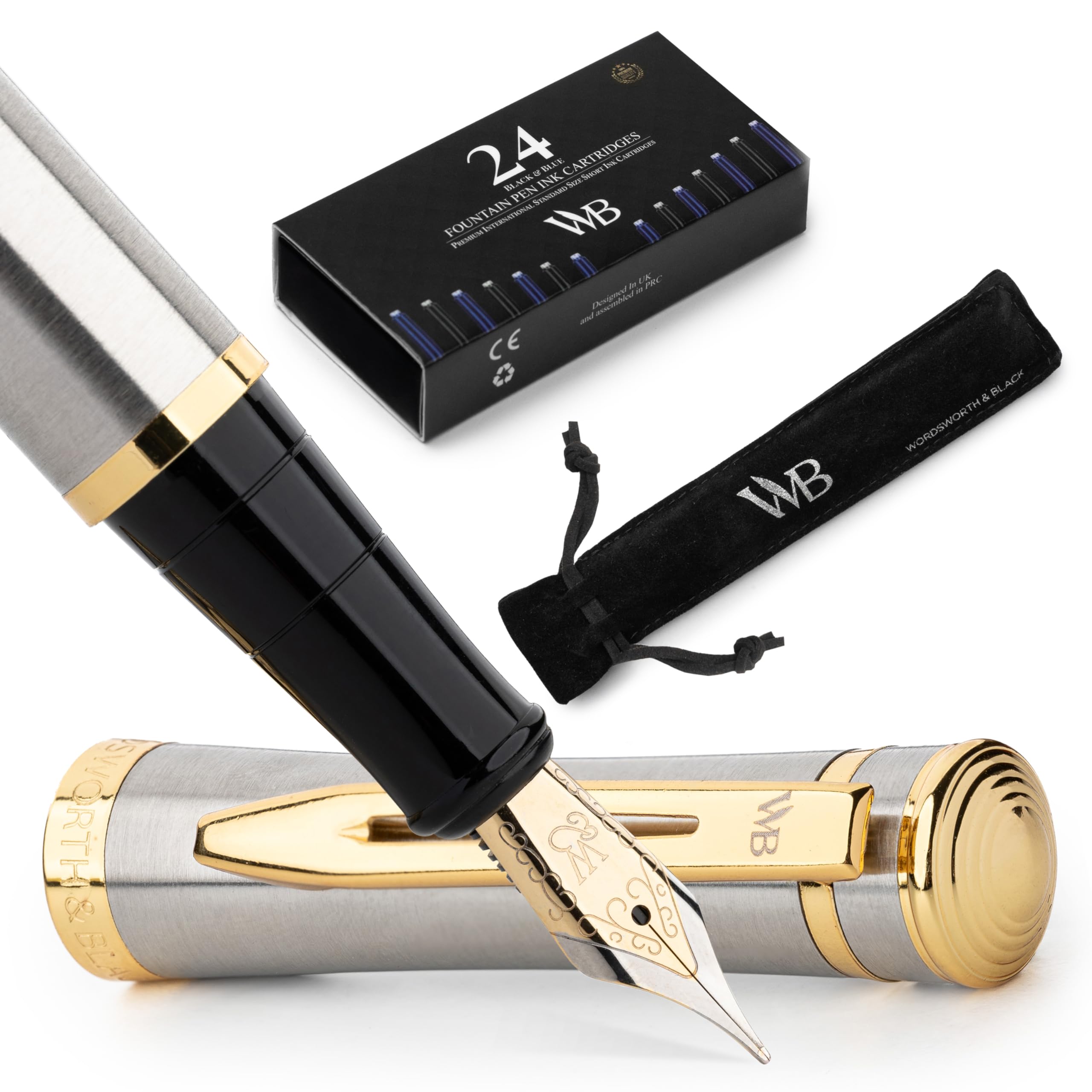 Wordsworth and Black Fountain Pen [Silver Gold]- Luxury Medium Nib Fountain Pen Set Includes 24 Ink Cartridges [Black & Blue], R