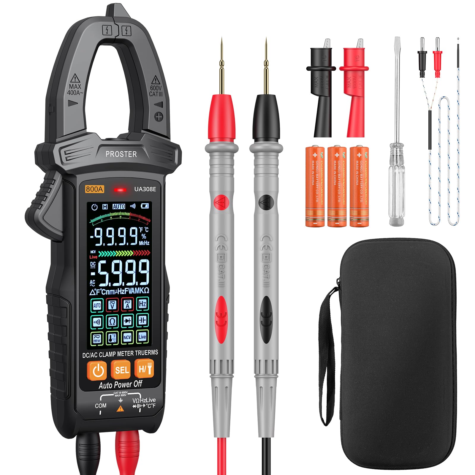 Proster クランプメーター テスター 6000カウント 800A AC|DC電流 AC|DC電圧 T-RMS 静電容量 抵抗 周波..