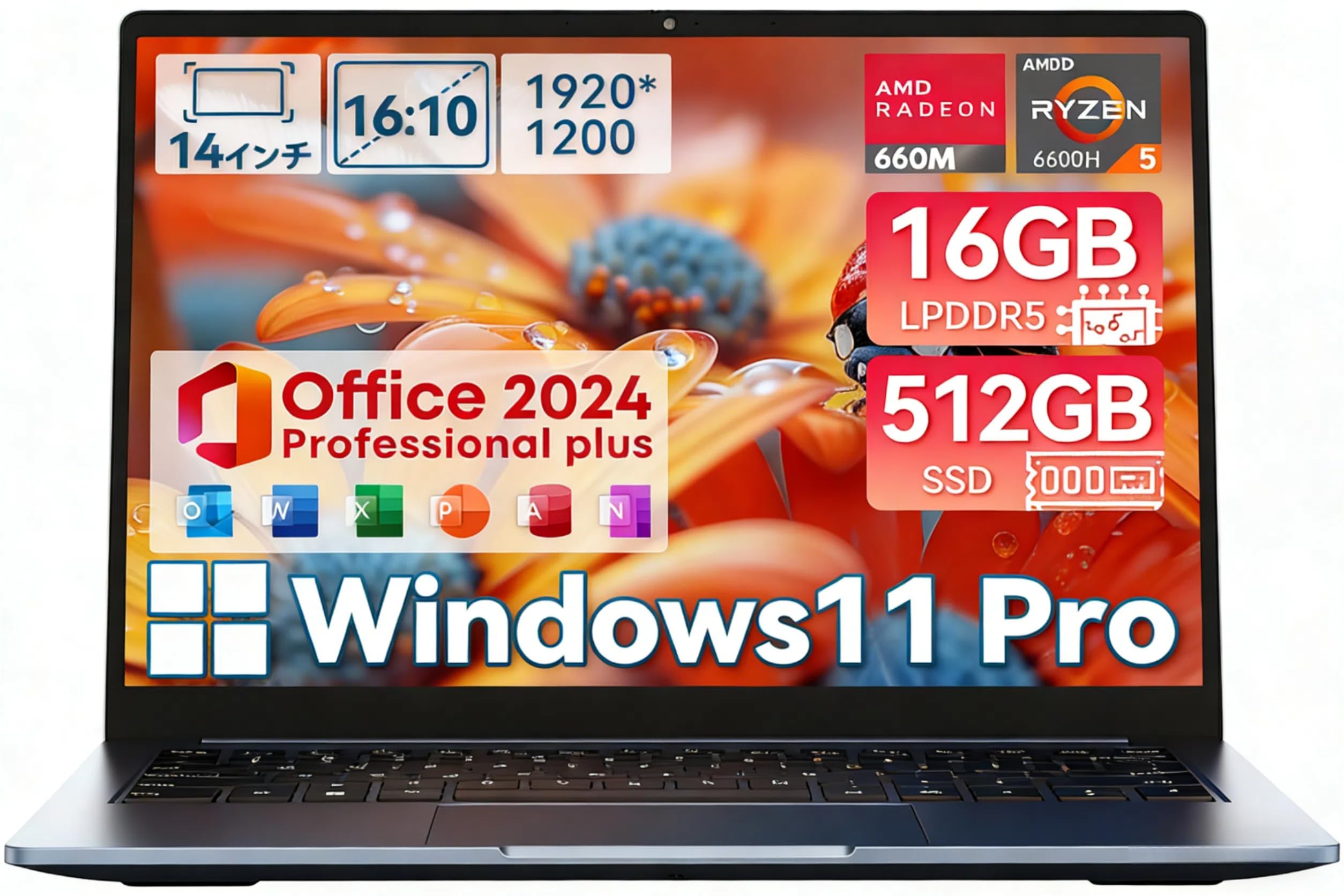 2026新登場 CHUWI ノートパソコンOffice 2024搭載 14インチ パソコン Windows 11 Pro OS Ryzen 5 6600H 6コア12スレッド最大4.5GHz、メモリ16GB 512GB SSD HDMI 4K出力/Type