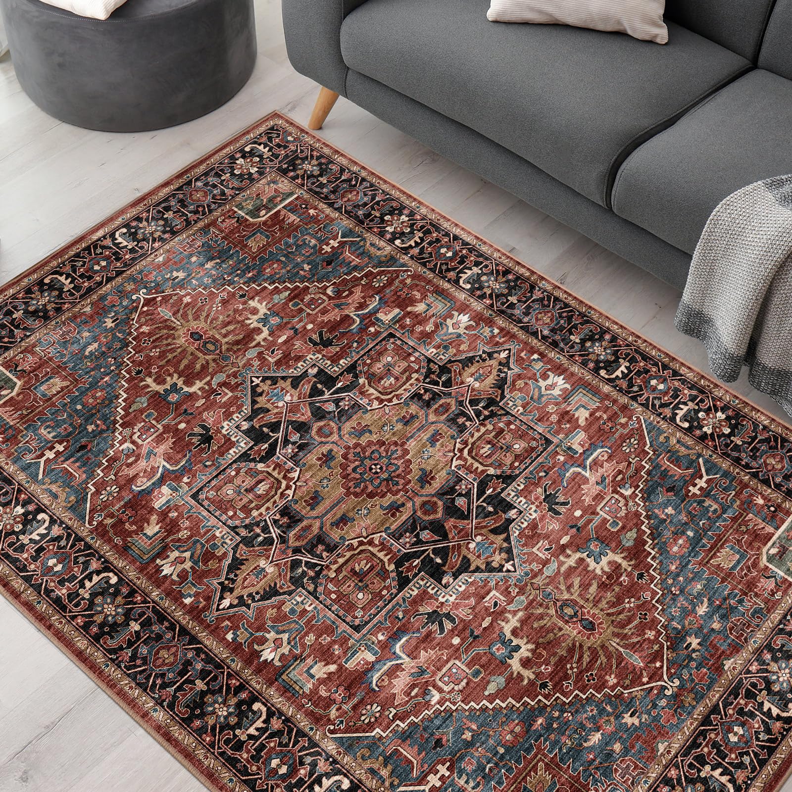 ラグ カーペット マット ペルシャ風絨毯 大判 130×190cm（1.5畳相当）|インテリア 北欧 チェアマット 洗える 滑り止め 低反発 防音 床暖房対応|抗菌防臭 防ダニ|北欧 幾何学 デザイン|リビング・オフィス オールシーズン適用 高級 レッド konanonline-10378637 湖南オンライン パッケージ画像