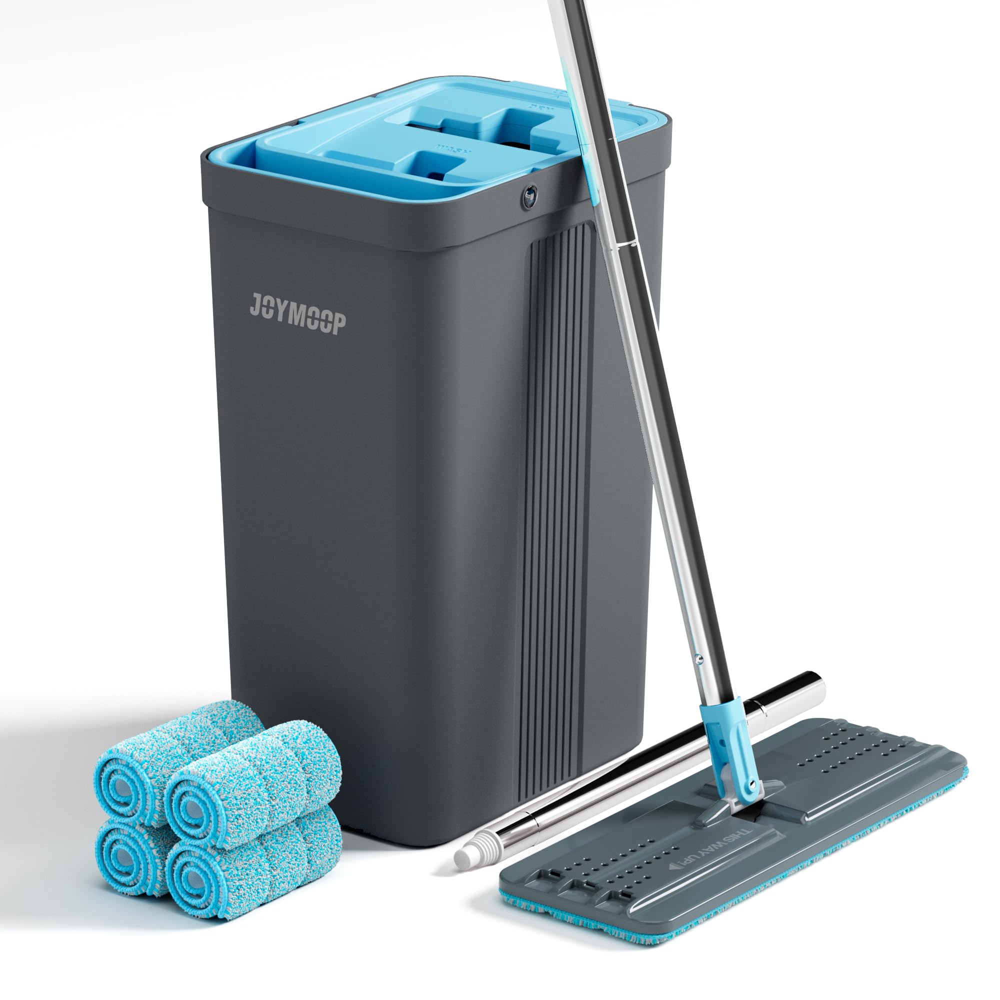 乐天商城 - JOYMOOP モップとバケツセット 絞り器付き 床掃除用モップ ロングハンドル付き壁モップクリーナー 再利用可能なマイクロファイバーモップパッド4個付き - グレー+シアンブルー