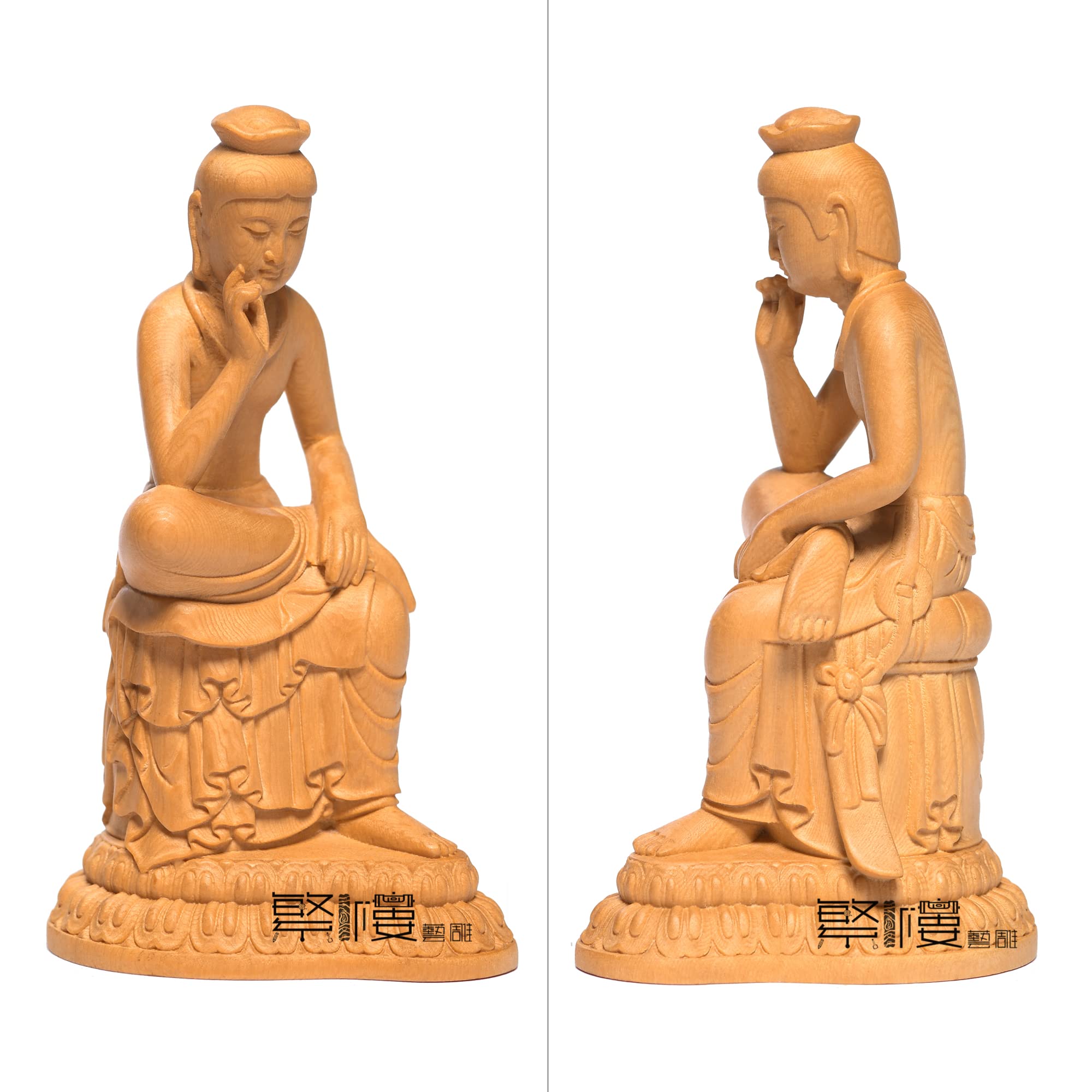 繁樓藝雕 仏像 弥勒菩薩 半跏思惟像 木彫り 仏壇仏像 置物 桧木製 原木色（高さ12cm×巾5.5cm×奥行7cm） (原木色)