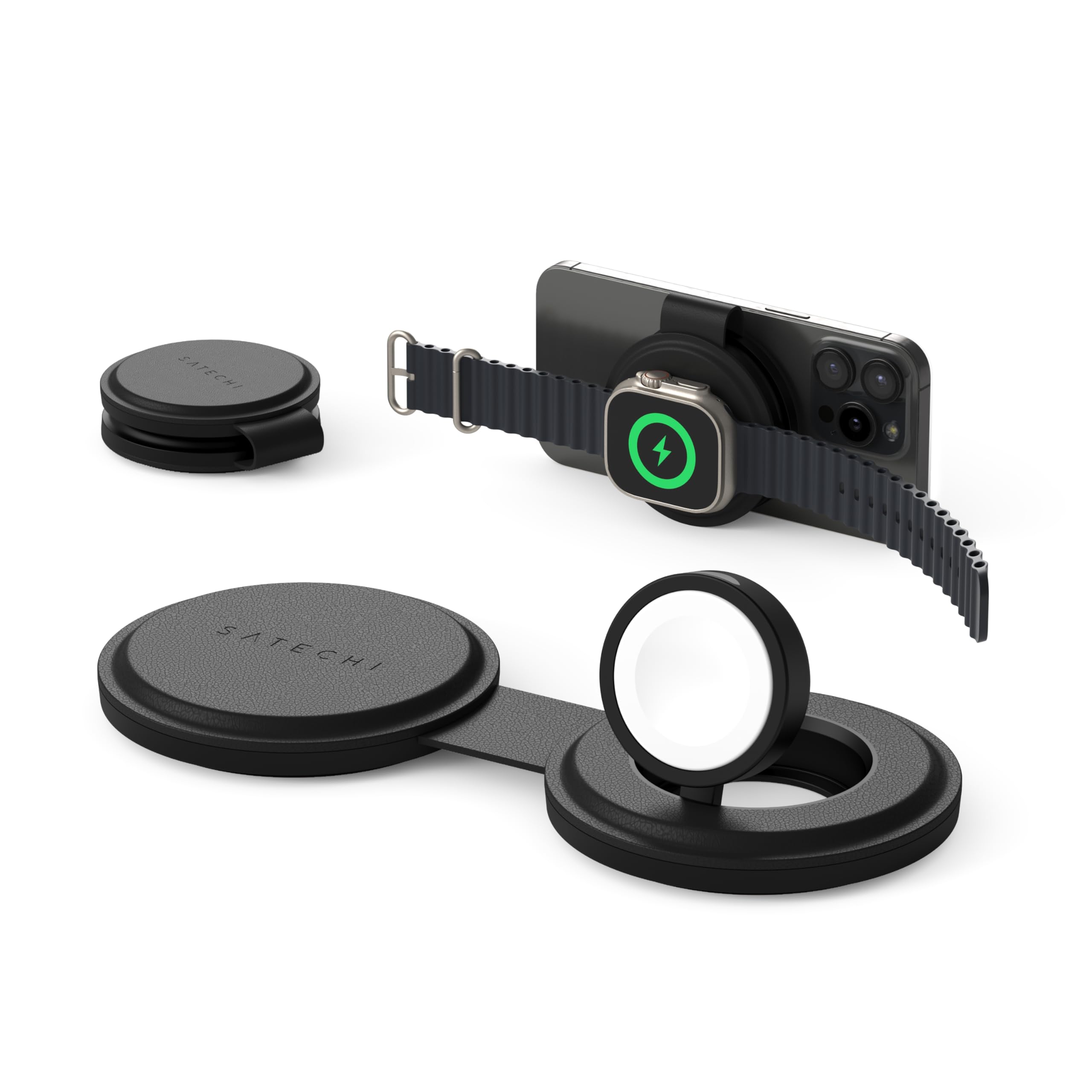 SATECHI OntheGo™ 2 in 1 ワイヤレス充電器 Qi2 ポータブル 3台同時 充電器 1mケーブル付 iPhone 17 12 シリーズ用 15W 急速充電 Apple Watch 用 5W AirPods 用 5W マグネット式トラベル