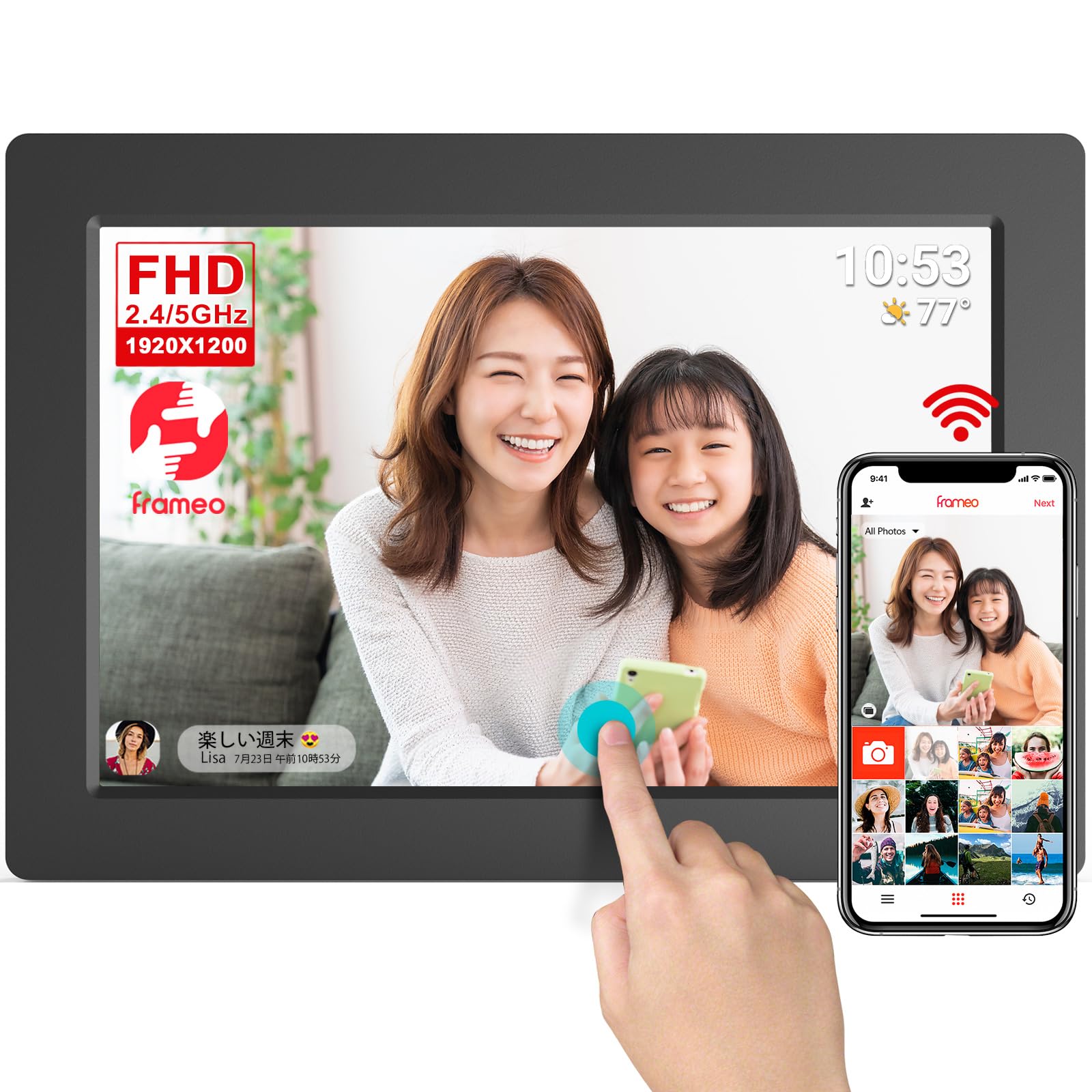 FrameoデジタルフォトフレームWiFi、10.1インチ1920*1200FHD IPSタッチスクリーン、スライドショー、自動回転、写真&ビデオ用デジタルフォ...