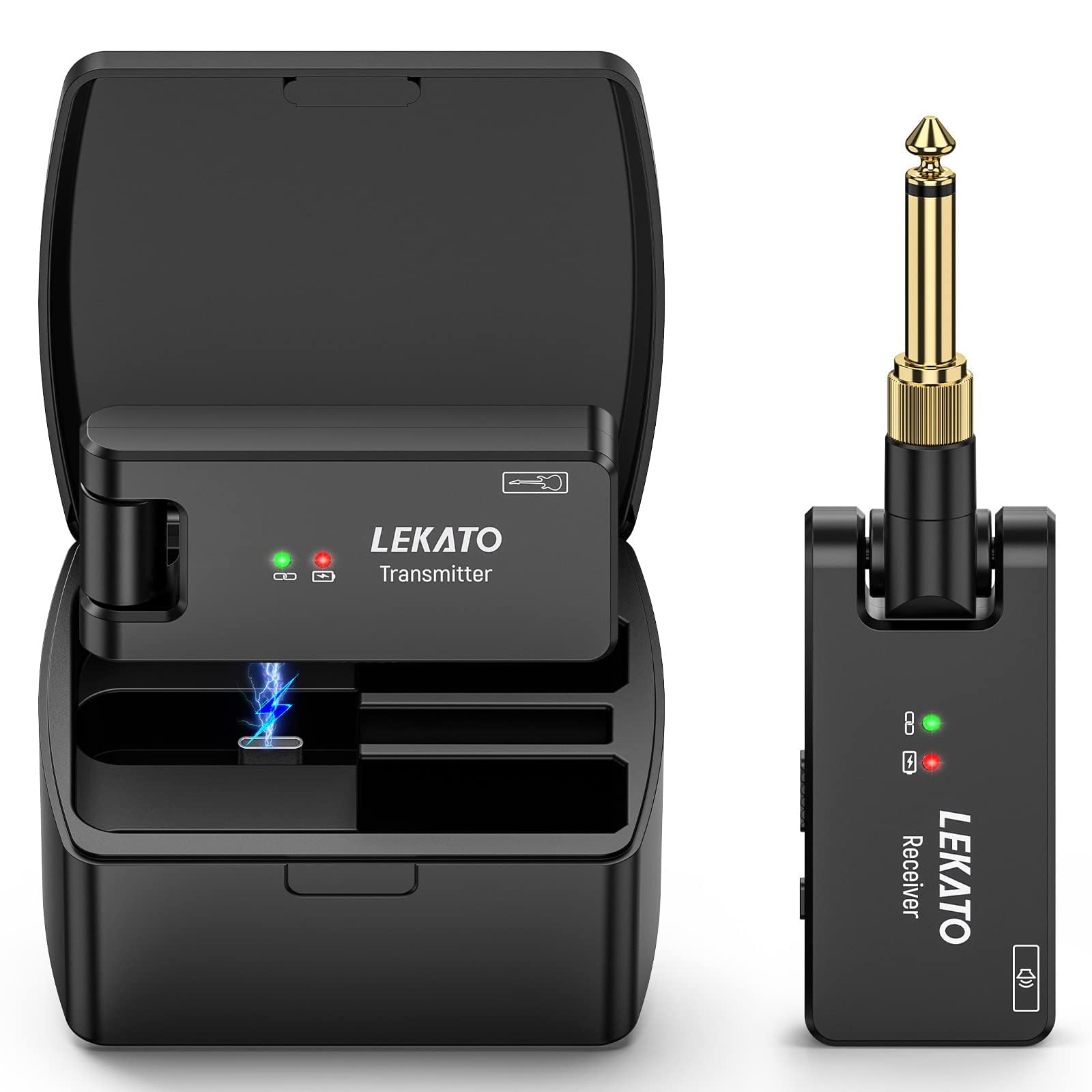 LEKATO ギター ワイヤレス ギターワイヤレスシステム ws-100 ワイヤレス ベース エレキギター 送受信機 3.5mmと6.35mm モノラルプラグ付き 2.4GHz 4チャンネル USB充電 軽量 コンパクト 190°回転 ブラック