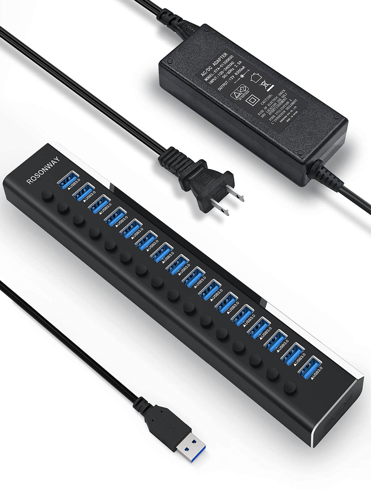 ROSONWAY USB ハブ 3.0 16ポート アルミ製 USB Hub 100W セルフパワー USBハブ 5Gbps高速転送 12V/8.3A ACアダプタ付き 独立スイッチ(RSH-A16)