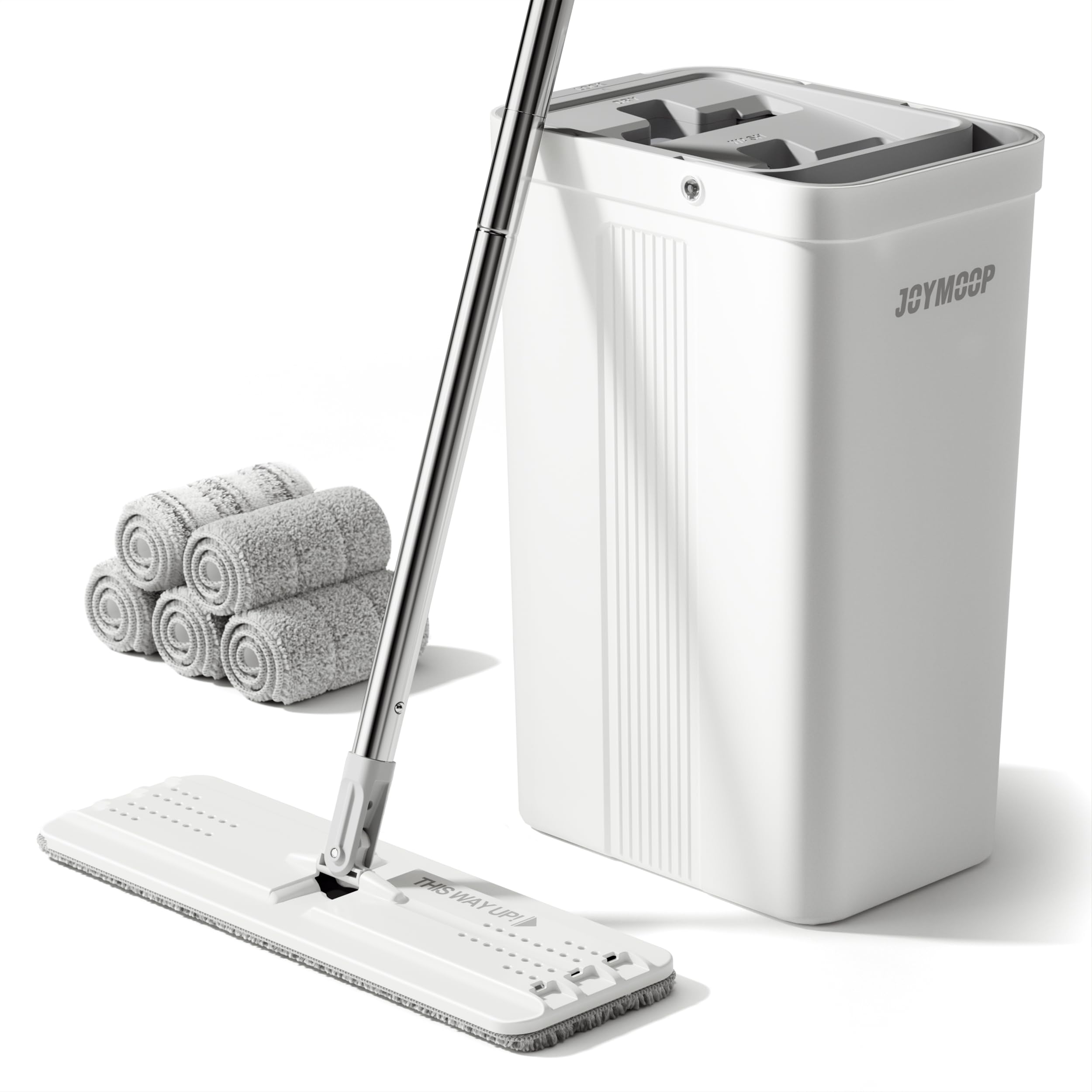 JOYMOOP モップとバケツ 絞り器付きセット ホワイトフラットスクイーズモップバケツセット 床掃除用 ウェットドライモップ 壁用 ロングハンドル付き壁クリーナー ハードウッドフロアモップ-5マイクロファイバークロス