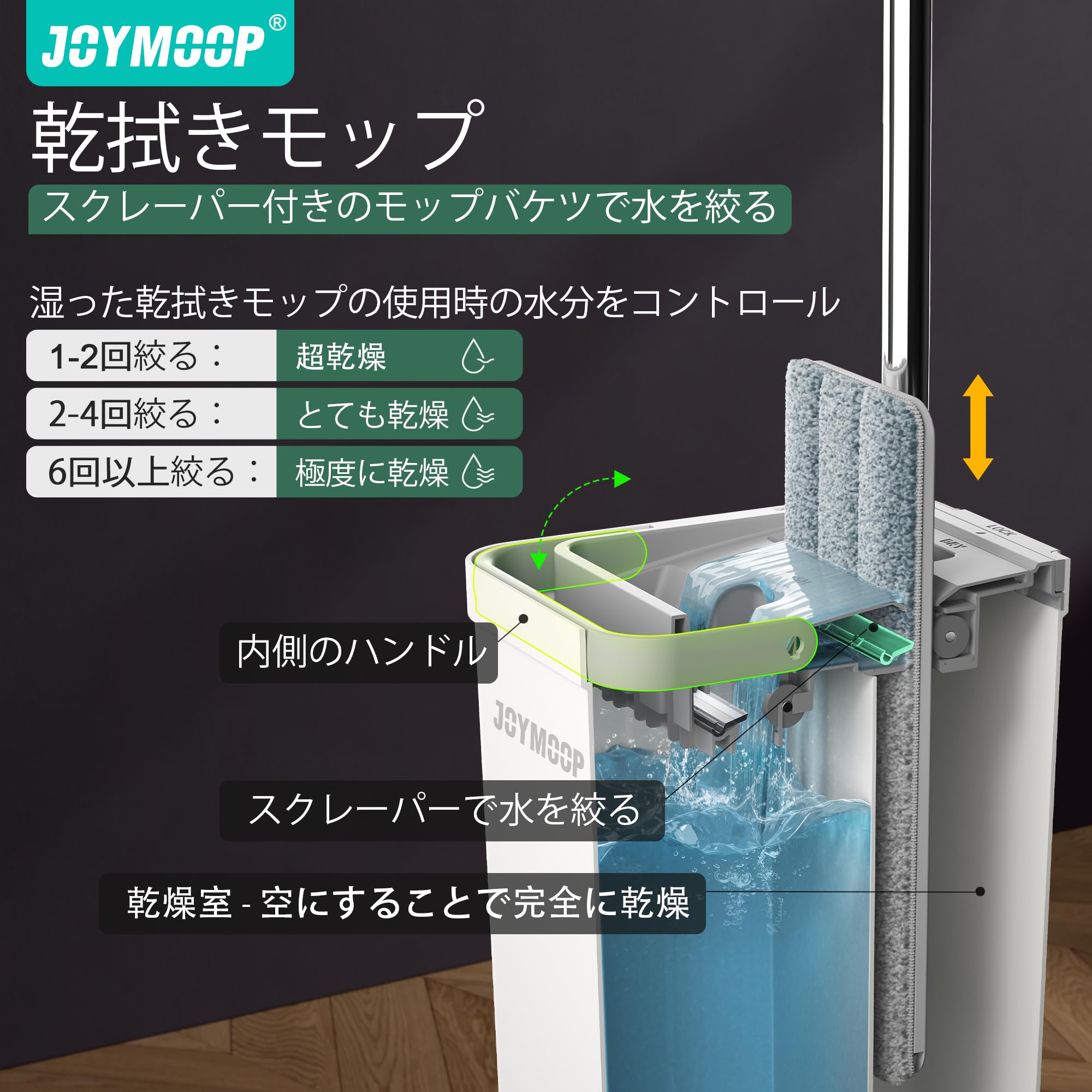 JOYMOOP モップとバケツ 絞り器付きセット ホワイトフラットスクイーズモップバケツセット 床掃除用 ウェットドライモップ 壁用 ロングハンドル付き壁クリーナー ハードウッドフロアモップ-5マイクロファイバークロス konanonline-10378282 湖南オンライン サンプル画像3