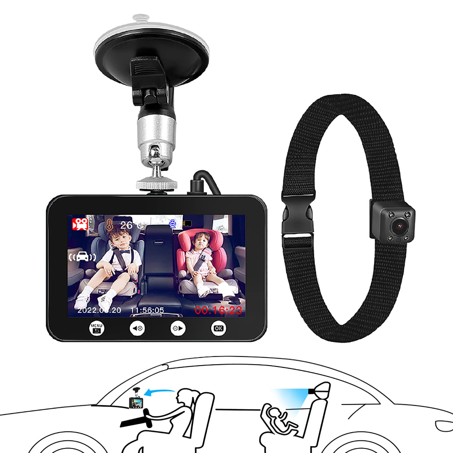 Motocam ベビーミラー 車用ベビーモニター カメラ 1080PフルHD 4.5インチ 赤外線暗視 100°広角 録画機..