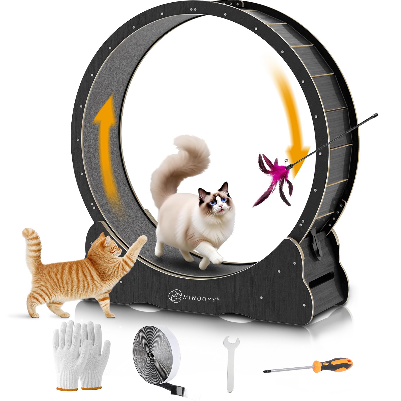MIWOOYY キャットホイール 大型猫 回し車 100cm - 屋内猫用の黒無垢材の猫ルームランナー、ロックと最..