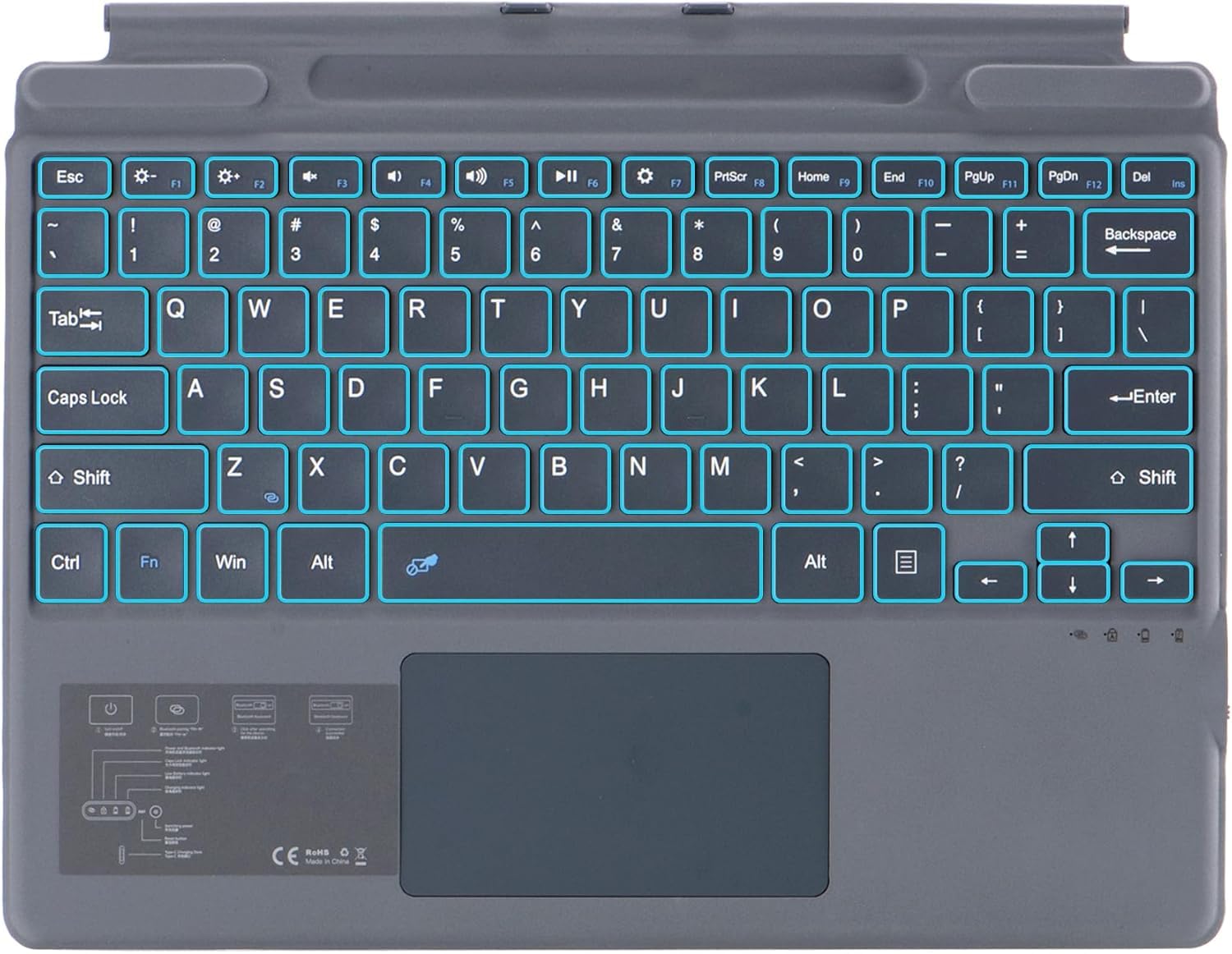 マイクロソフトの Surface Pro 8 9 10 または X のためのタイプ カバー タッチパッドのタブレットのキーボードが付いている携帯用細い無線キーボード (グレー, バックライト)