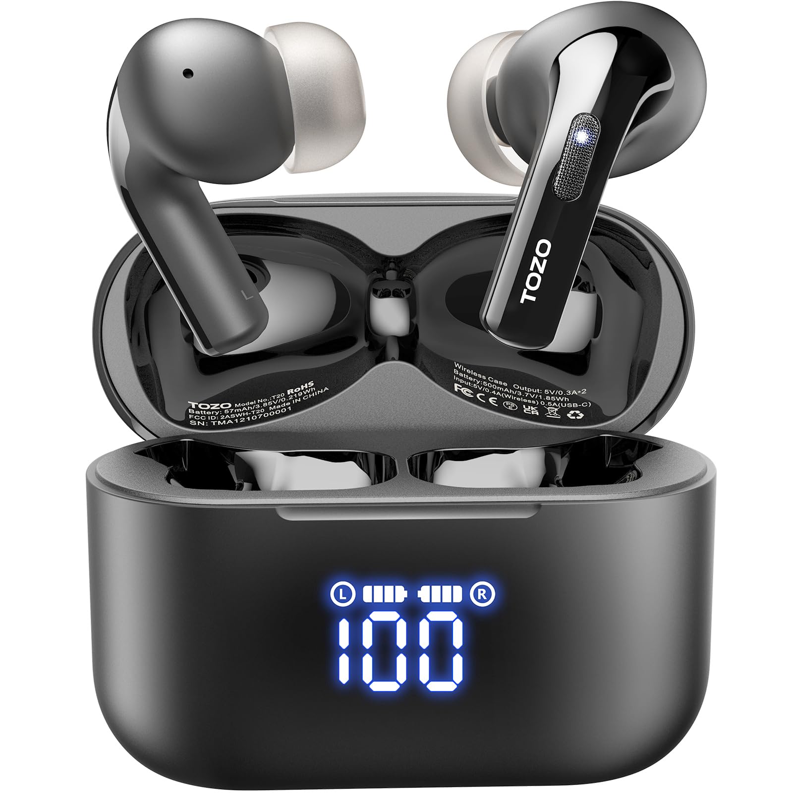 TOZO T20 ワイヤレスイヤホン 極上の音体験 残量確認LEDディスプレイ EQカスタマイズ プレミアムサウンド 専用アプリ対応 タッチ制御対応 防水性能 最大約48時間の再生 ENC通話ノイズキャンセリング ワイヤレス充電 急速充電 接続瞬時 iOS konanonline-10376269 湖南オンライン パッケージ画像