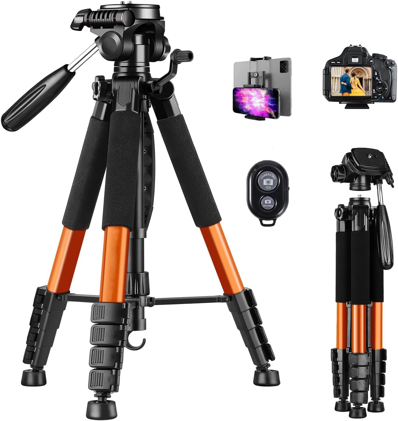 190cm カメラ 三脚 スマホ三脚 3Way雲台 360°回転可能 遠隔撮影リモコン 付き収納袋 パンハンドル クイックシュー対応 一眼レフ/ビデオカメラ/スマホ/タブレット（オレンジ）