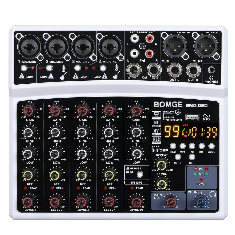 BOMGE 6チャンネルdjオーディオミキサー、MP3 USB Bluetooth、48Vファンタム電源、5V電源、16 DSPエコーエフェクトミキサー（ライブ、音楽、カラオケ、ポッドキャスト用） (白い)