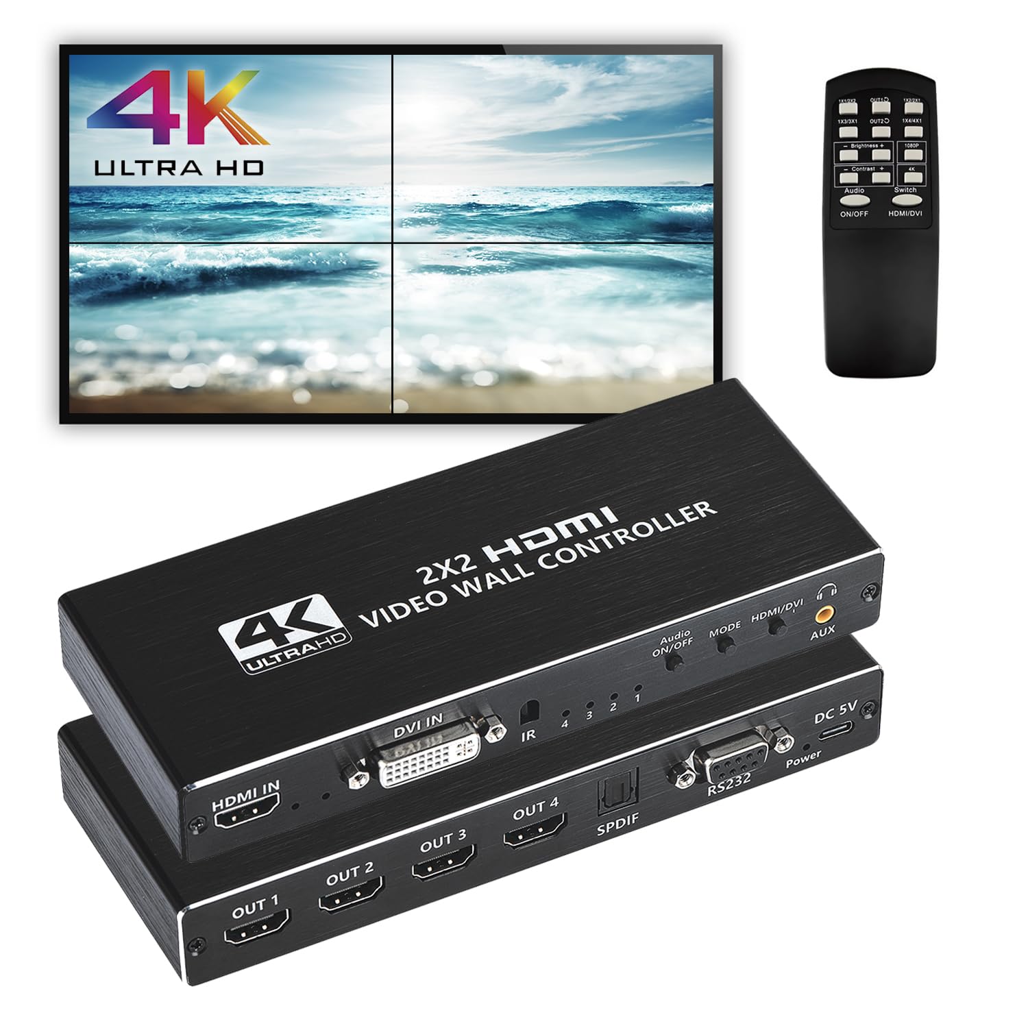 2x2 HDMI ビデオウォールコントローラー 4K HDディスプレイ 2x2/ 1x1/ 1x2/ 1x3/ 1...
