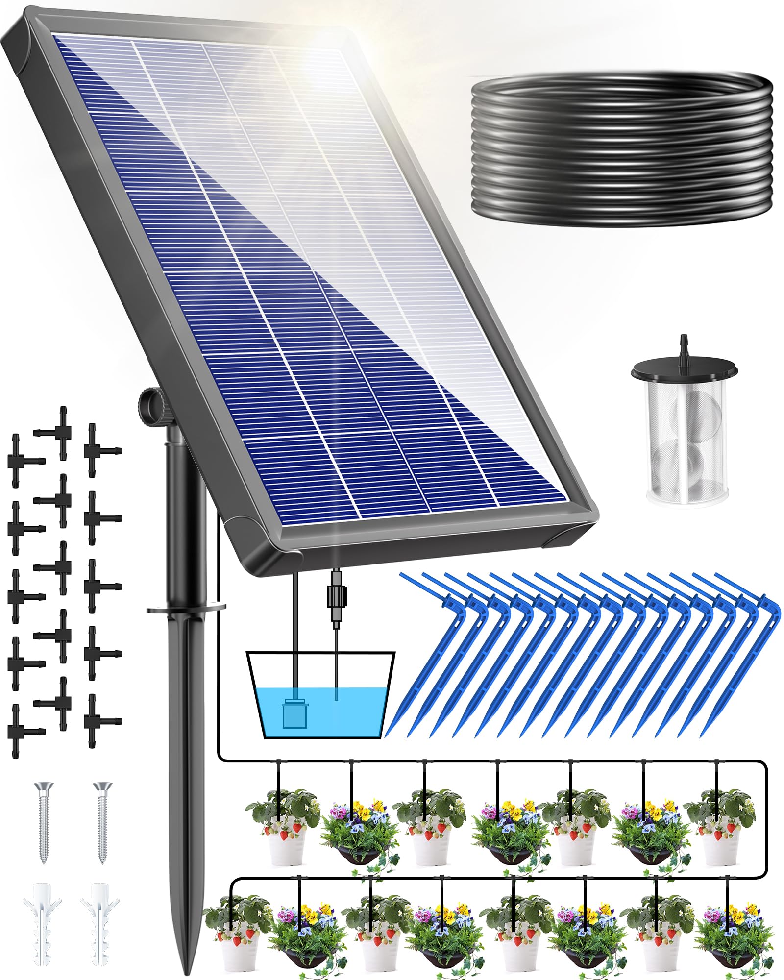 NFESOLAR 自動水やり蓄電 植物 自動 給水器 自動散水タイマー 給水システムタイマー装置 留守 自動水やり ビオトープ ドリップ散水システム盆栽 水やり当番 庭園 花植 木鉢 ガーデニング 15mホース付き ソーラー エアーポンプ 式 植物水やり