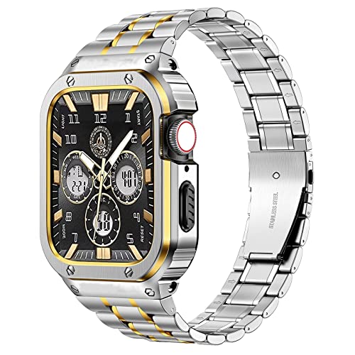 MioHHR Stainless Steel Watch Band with Case Compatible for Apple Watch Bands 44/45mm,Rugged Strap with Metal Protective Bumper C