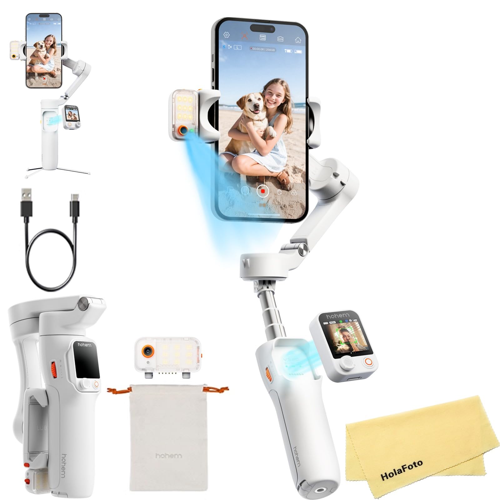 Hohem V3 Ultra ジンバルスタビライザー iPhone Android スマートフォン用 AIトラッキング、内蔵延長ロッド＆三脚、フィルライト、取り外し可能なタッチスクリーンリモコン付き YouTube TikTok用 (ホワイト)