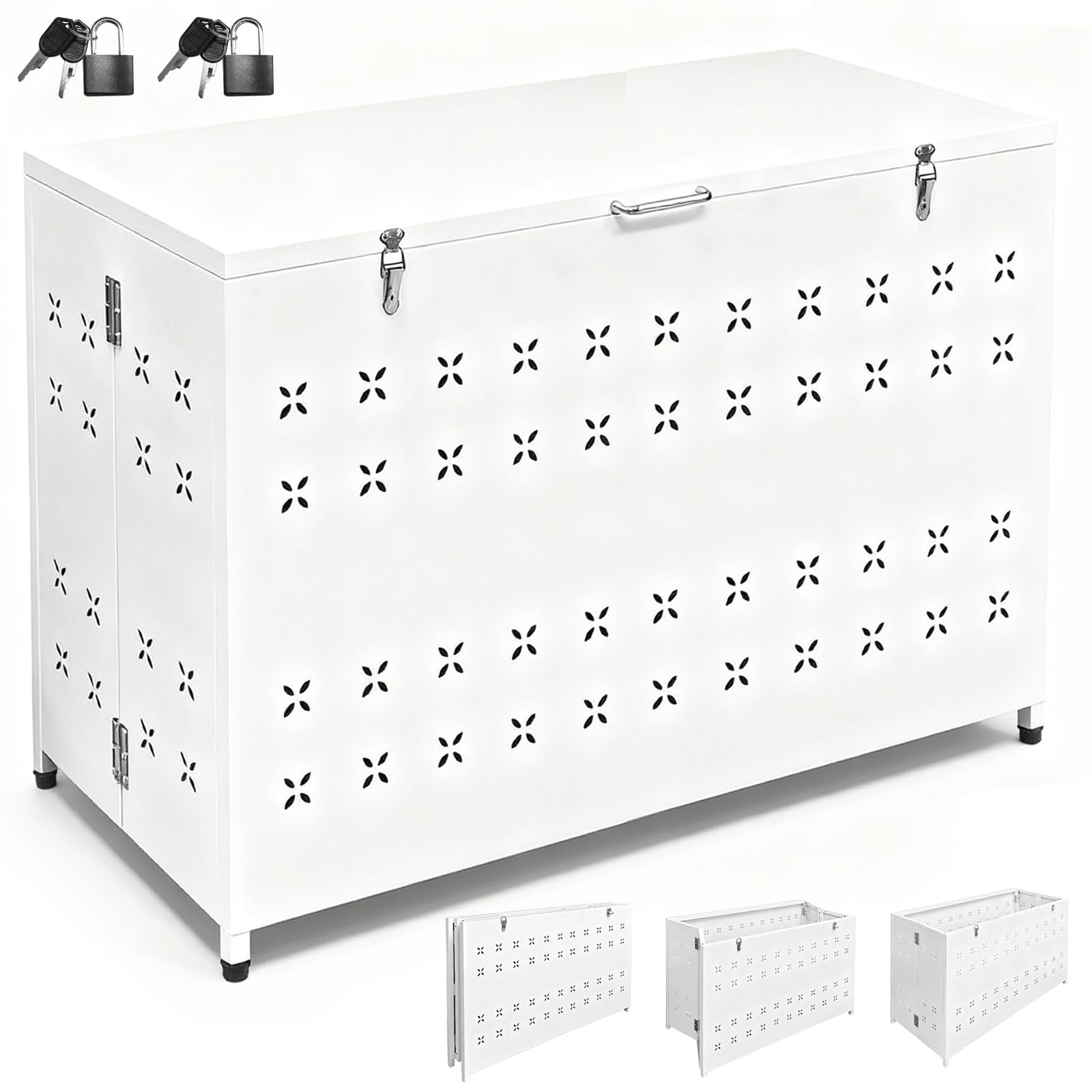 PakOne ゴミ箱 屋外 ゴミステション ごみ収集ボックス 大型 大容量 折り畳みデザイン 簡単組立 カラス除け 野良猫対策 ごみ集積所 ふた付き ごみ収集ボックス 多用途収納ボックス 2本の鍵付き 日本語説明書付き (クローバー 白, L 横幅83cm
