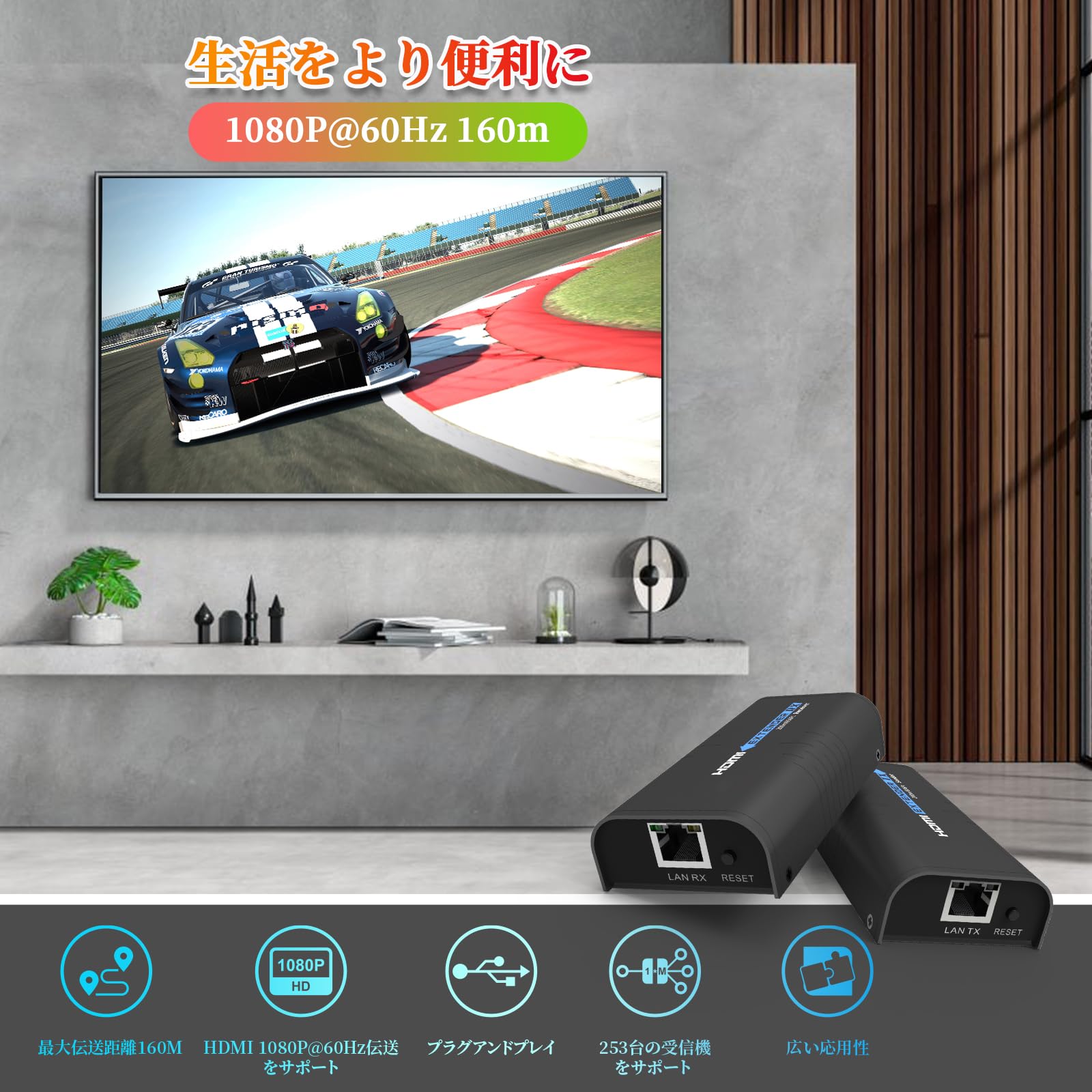 Basicolor HDMIエクステンダー フルHD 1080P@60Hz 160Mロスレス伝送 受信機増設で多数配信可能 Cat5e/6/7 LANケーブル対応 ビデオウエブ会議 屋外大画面スクリーン セキュリティ監視 プレゼン 展示会やデジタルサイネー