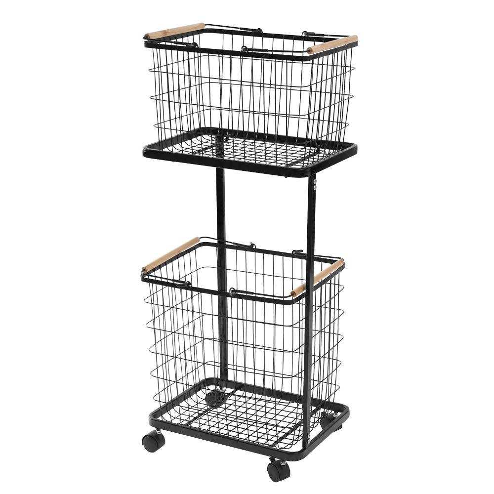 ランドリーワゴン ランドリーバスケット 2段 収納 ランドリーラック スクエアタイプ キャスター付き 木..