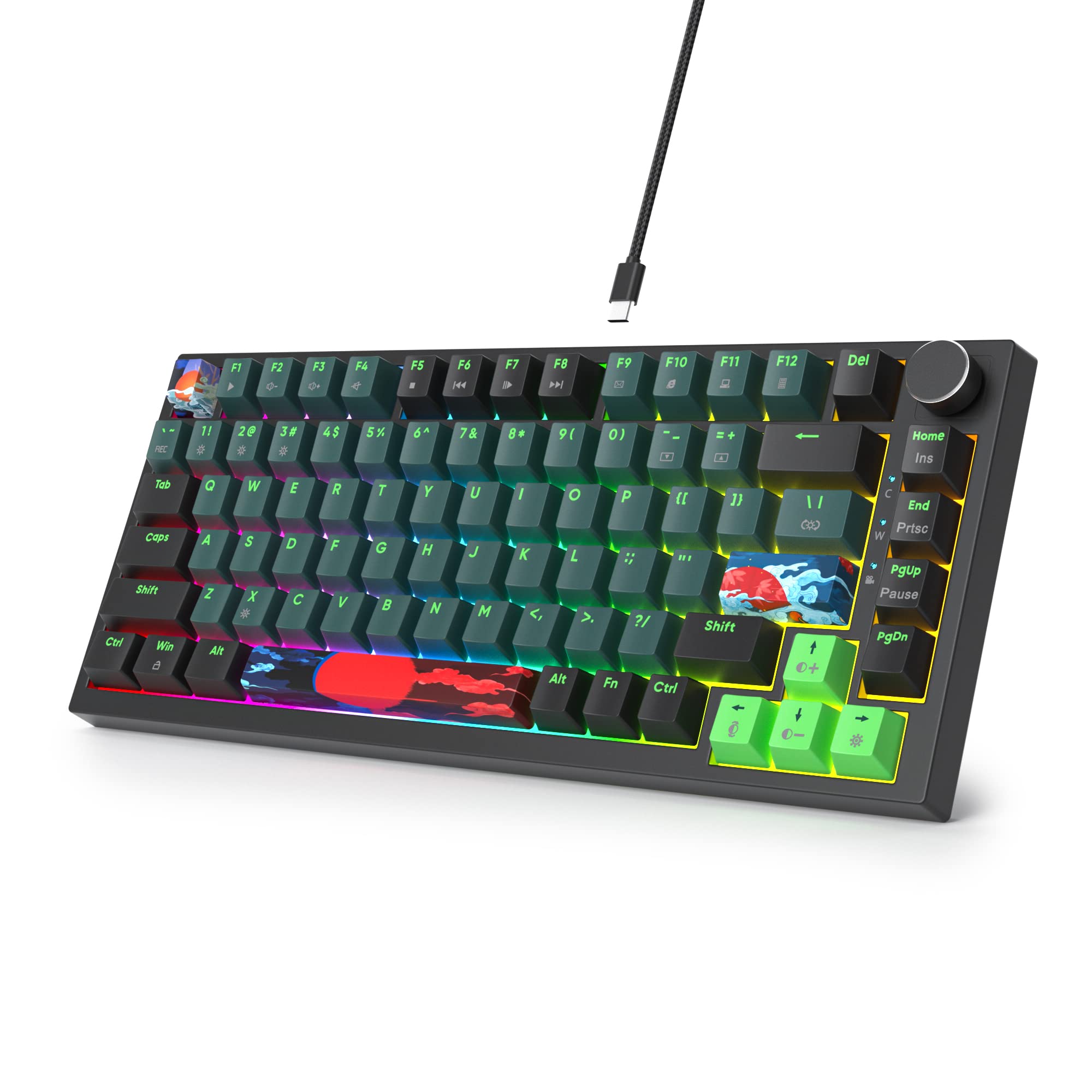ワイヤードガスケット75％機械式キーボード、ホットスワップ可能、赤軸、RGBバックライト、82キーTKL機械式キーボード、NKROコンパクトUSレイアウトゲーミングキーボード、音量調整つまみ（82 Sonic Blue/赤軸）