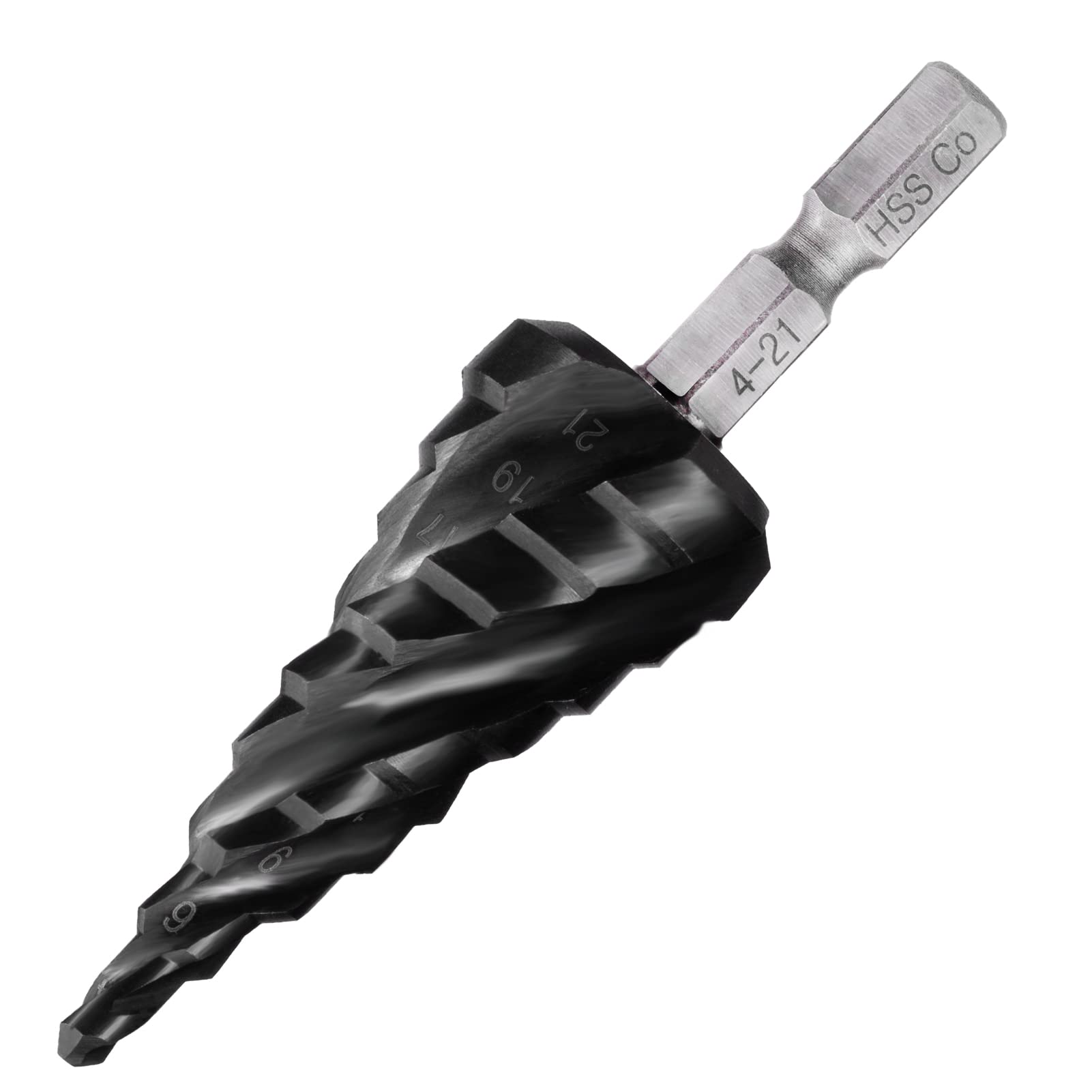 無敵 四枚刃ステップドリル 4-21mm/9段 6.35mm六角軸 たけのこドリル スパイラルドリル TiAlN窒化 チタンコーティング HSS-Co 超高硬度 ステンレス用 木材用(4-21mm/9段)
