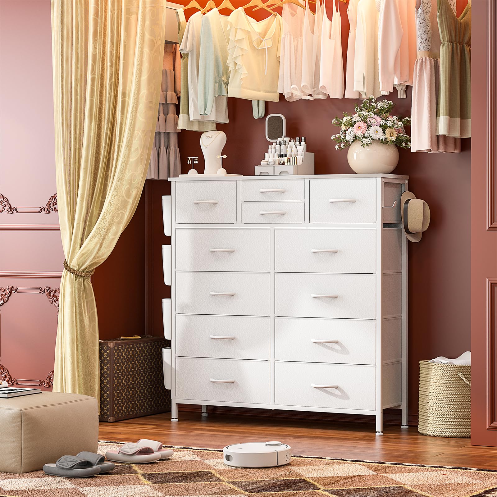 Hotvivid チェスト タンス 収納チェスト サイドポケット&フック付き 洋服タンス 箪笥 引き出し収納おしゃれ 収納ケース 木製天板 組立簡単 2