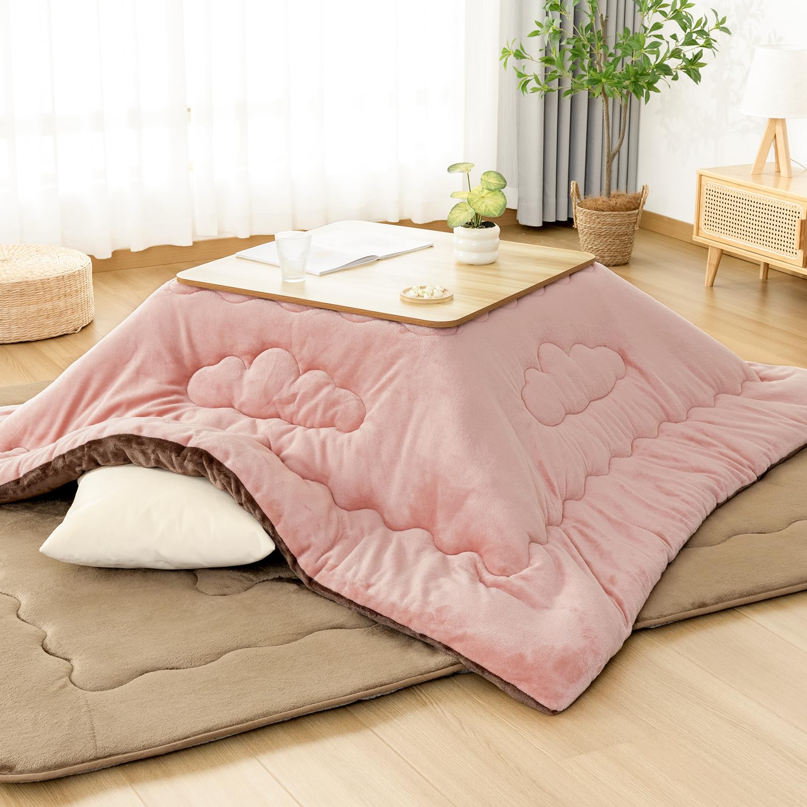 OIGAE こたつ布団 長方形 単品185×235cm 【雲】キルティング 吸湿発熱 リバーシブル フランネル 綿ズレ防止 保温蓄熱 こたつふとん ふわふわ こたつ掛け布団 洗える 抗菌防臭 火燵布団 静電気防止 毛抜けにくい 可愛い コタツ布団 ピンク・