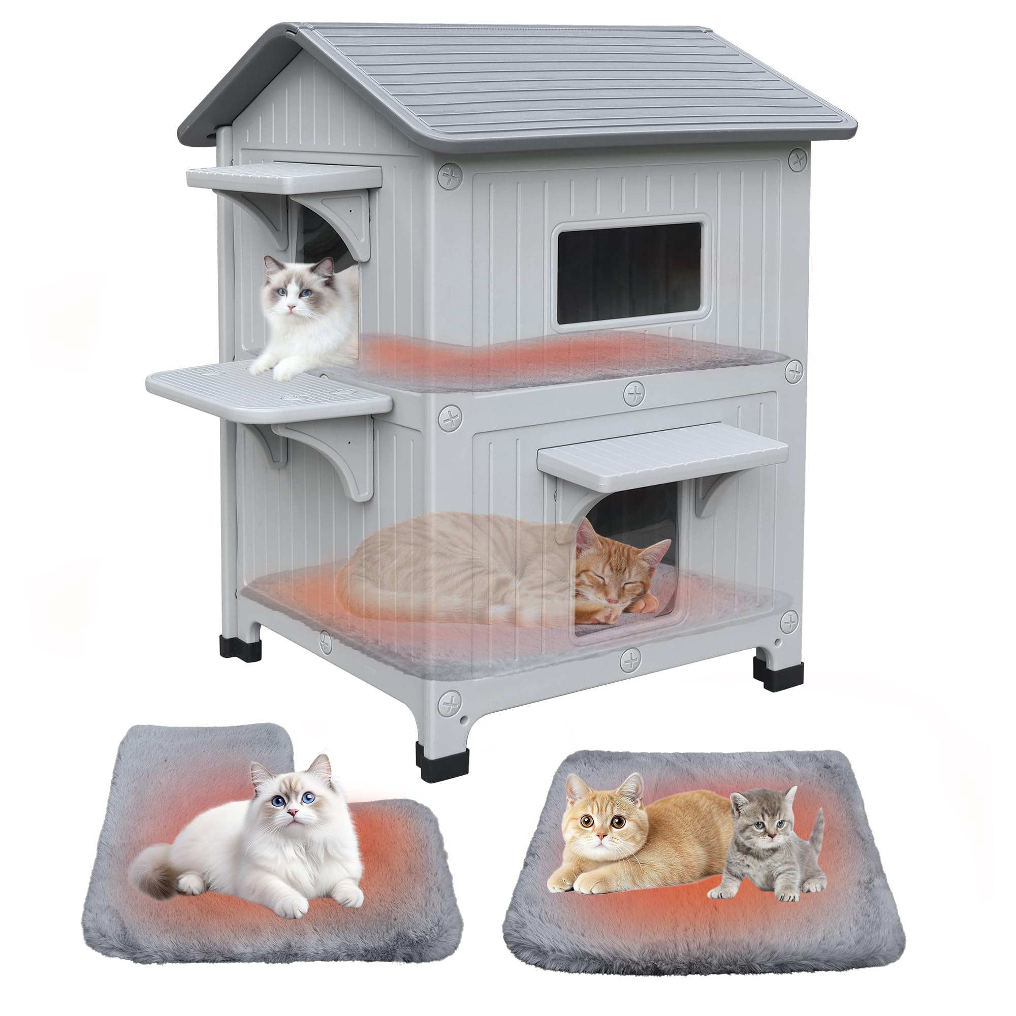 乐天商城 - 屋外用猫ハウス（猫マット付き）耐候性プラスチック製猫小屋 脱出ドア付き 2階建て 屋内防水 複数匹対応 野良猫/ペット用屋外シェルター グレー