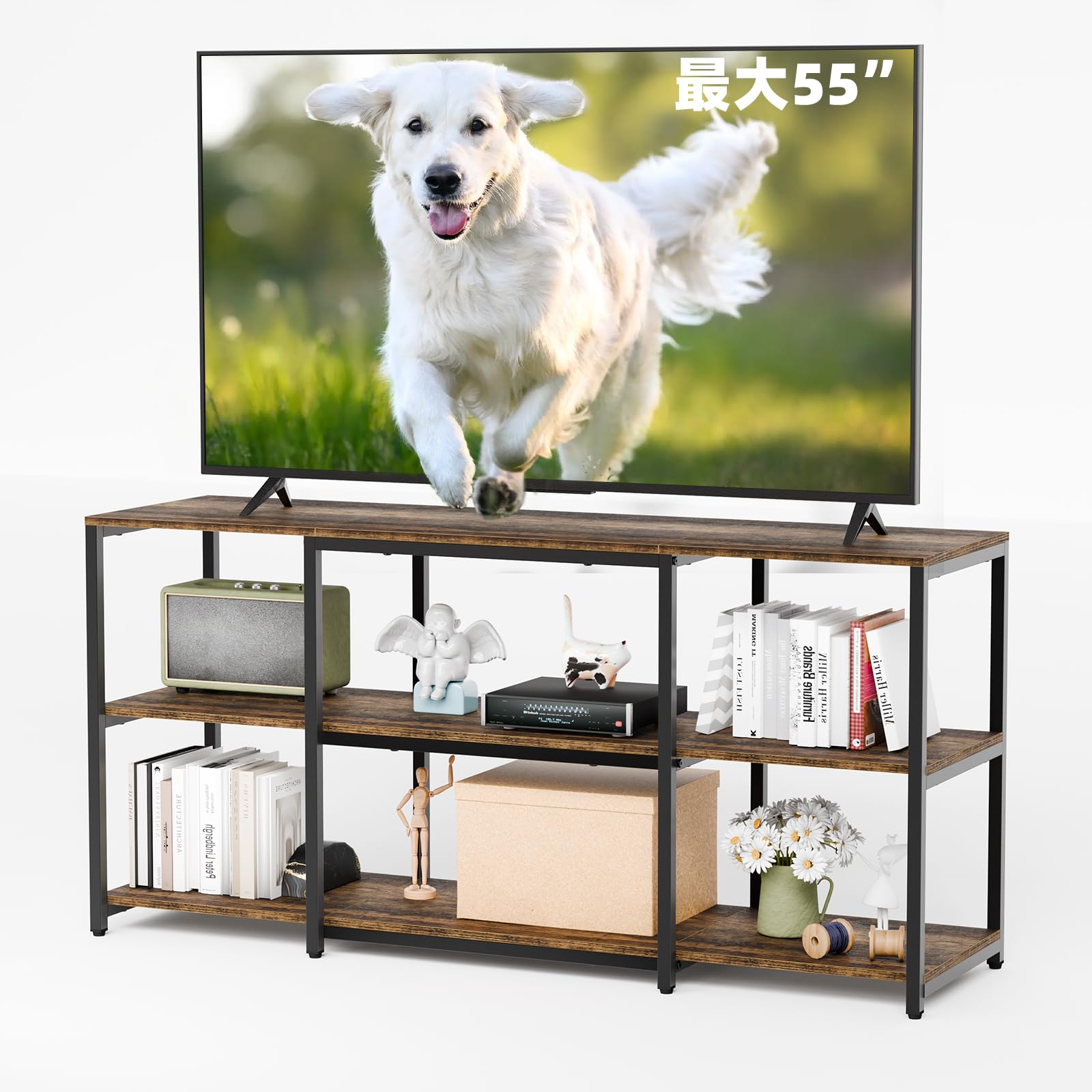 樂天商城 - Aquzee 55型対応テレビ台 125cm幅 テレビスタンド 32/40/55インチ用テレビ台 収納付き 最大45kgの耐荷重 木製と金属製 1人で簡単組み立テレビ棚55型対応 リビングルーム/寝室/ゲームルーム用 ヴィンテージブラウン