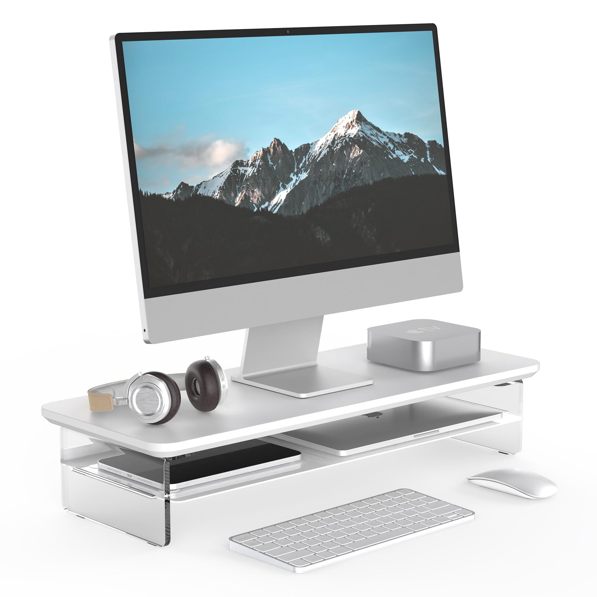 楽天湖南オンラインFenge モニター台 モニタースタンド 卓上 机上台 パソコン台 PC台 机上ラック 60cm横幅 2段 木製天板 アクリル製脚 デスクトップ用 机上 モニタースタンド 机上台 pcモニター台 パソコンラック 卓上 収納 整理整頓 ホワイトG04Y206