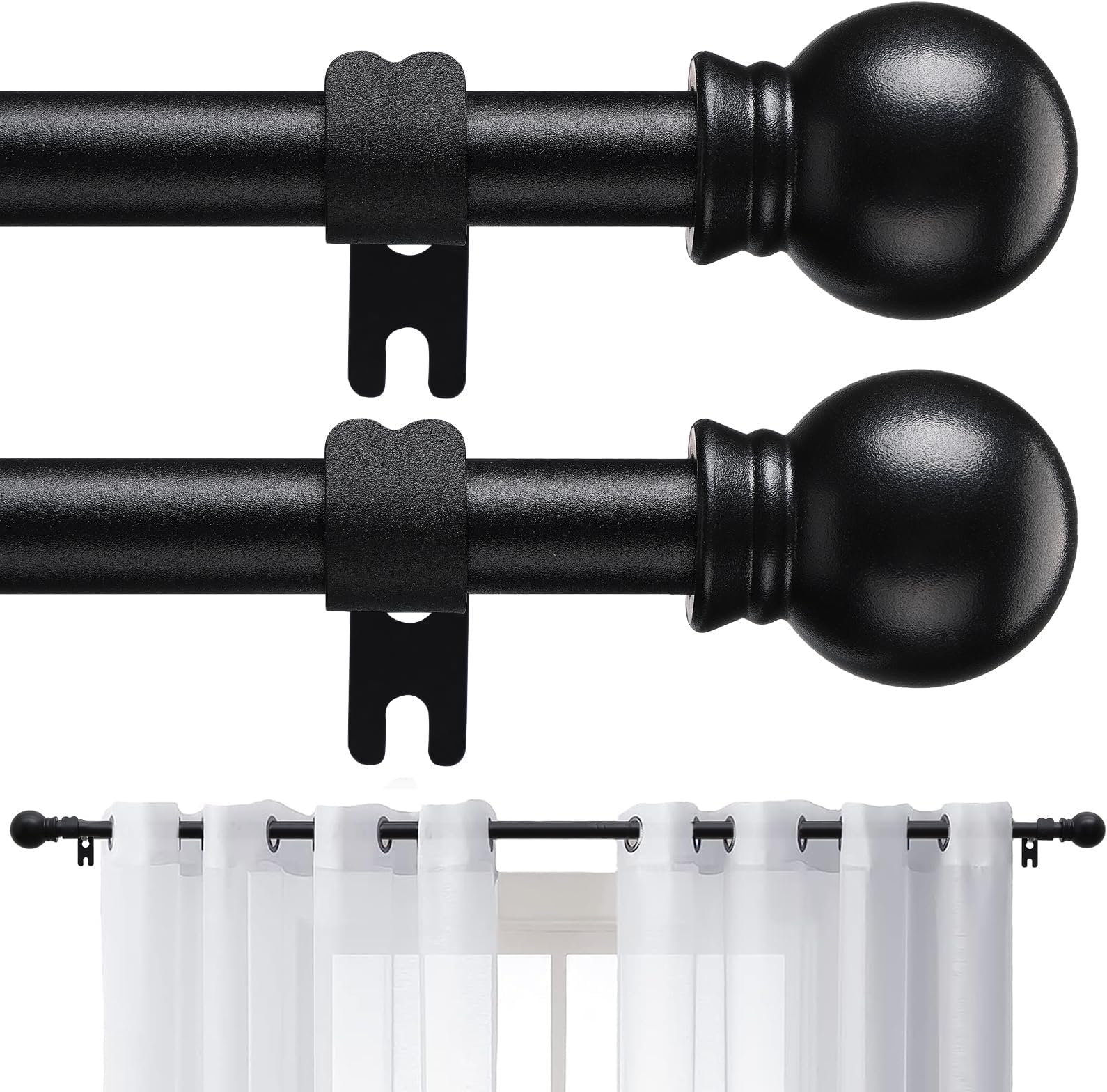 カーテンレール シングル 58-314cm伸縮カーテン・レール 金属材質の重たいカーテンポール スタンド付きブラックつっはり棒 カーテン (Curtain Rods)（2 pack）