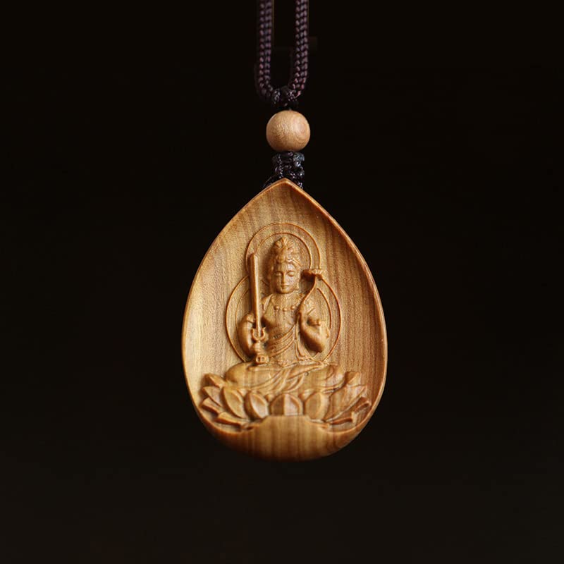仏像【文殊菩薩】 ペンダント ネックレス 木彫り オーストラリア 白檀 香木 両面彫り 木製彫刻 干支お..