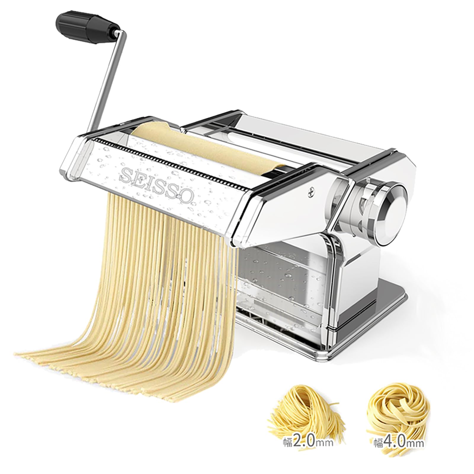 SEISSO パスタマシン 手動 製麺機 家庭用 ステンレス製 2mm＆4mmカッター 9段階厚さ調整 洗える 分離式 耐久性 卓上固定可