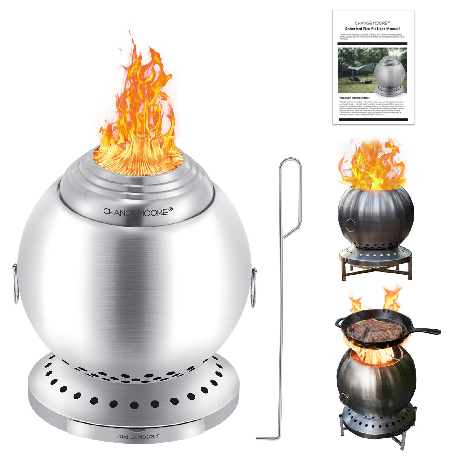 楽天湖南オンラインCHANGE MOORE 新升・ 二次燃焼焚き火台 球形 150％の燃焼効率 ウッドストーブ 二次燃焼柱 炎集中カバー 火かき棒 焚き火シート 灰受け付き【日本語説明書付き】コンロ 屋外での焚き火 卓上焚き火 キャンプ料理 直火焚き火調理 アウトドア 持ち