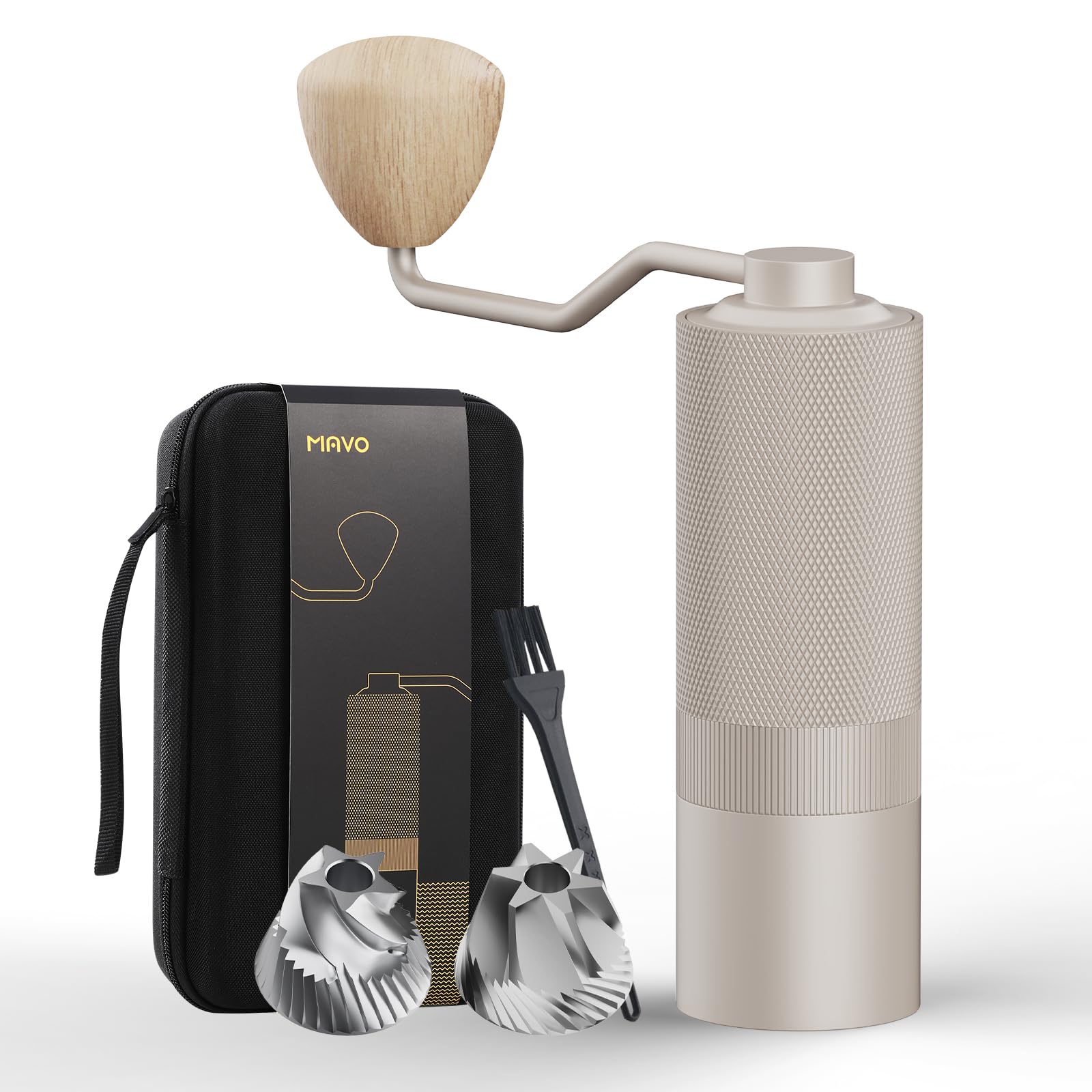 MAVO ウィザード 手挽きコーヒーミル 粗さ調整可能 手動 コーヒーミル 置き換え可能Wバリ 五角&六角コニカル式金属刃 エスプレッソ対応 CNCステンレスバリ 容量20グラム シルバー