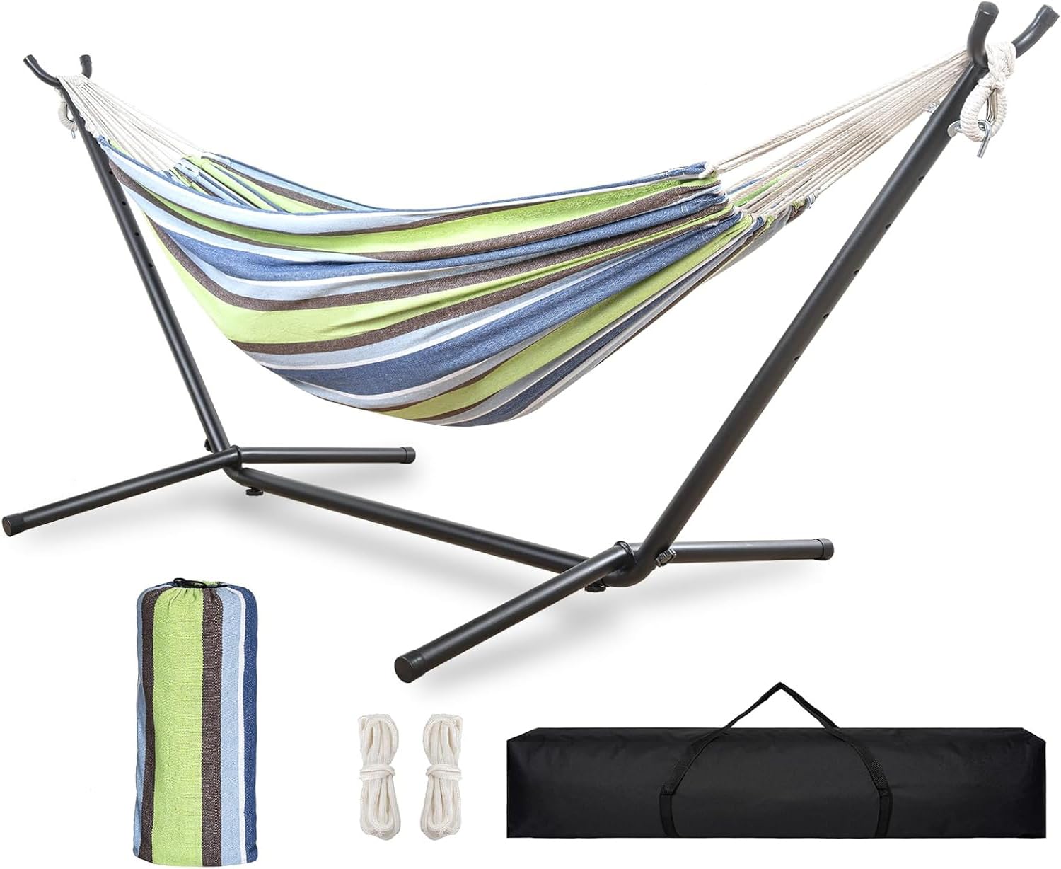 楽天湖南オンラインTORIBIO ダブルハンモック 自立式スタンド 耐重荷250kg 室内 屋外用 収納バッグ付き アウトドア キャンプ 公園 部屋 （ブルー）