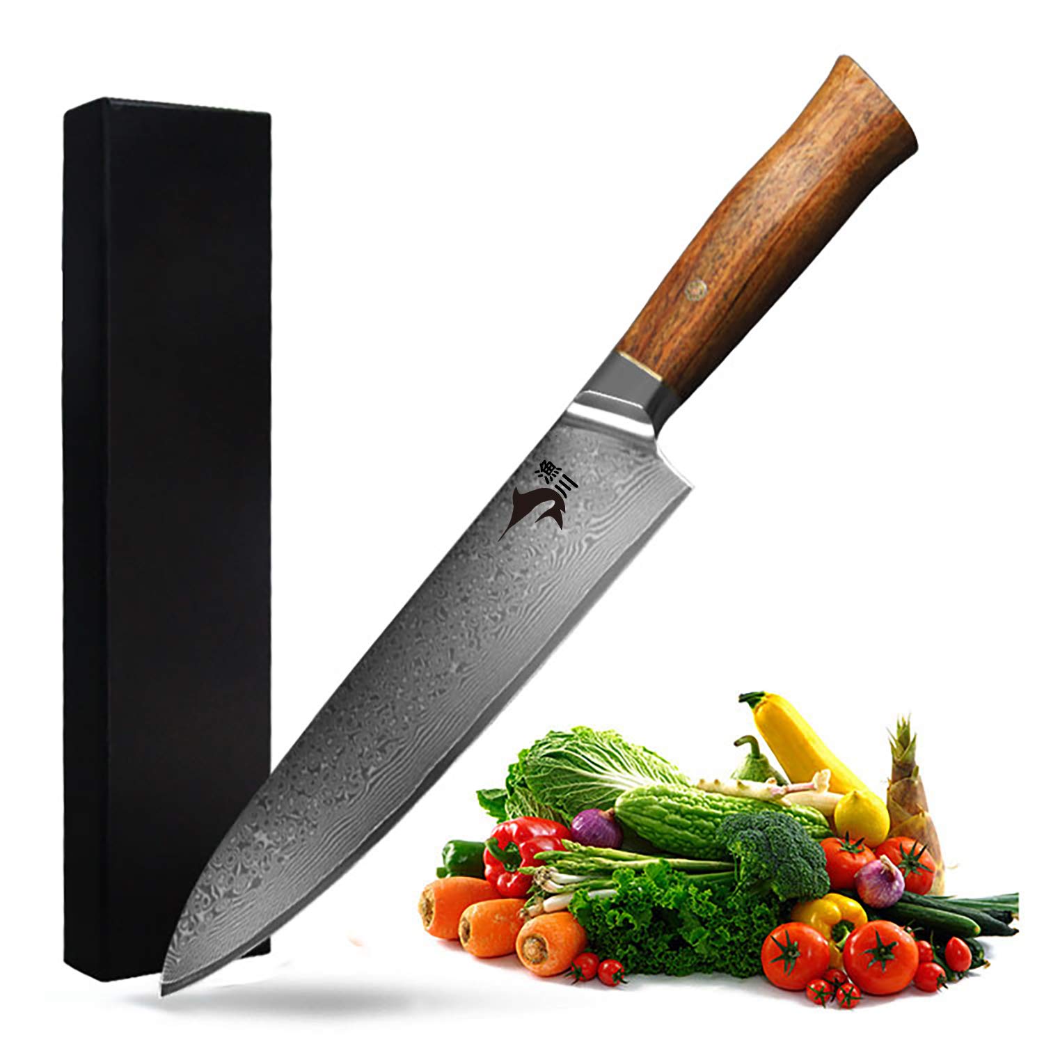 漁川 ダマスカス牛刀 刃渡り198mm 67層VG10ダマスカス肉切包丁 一体構造花梨木瘤ハンドル