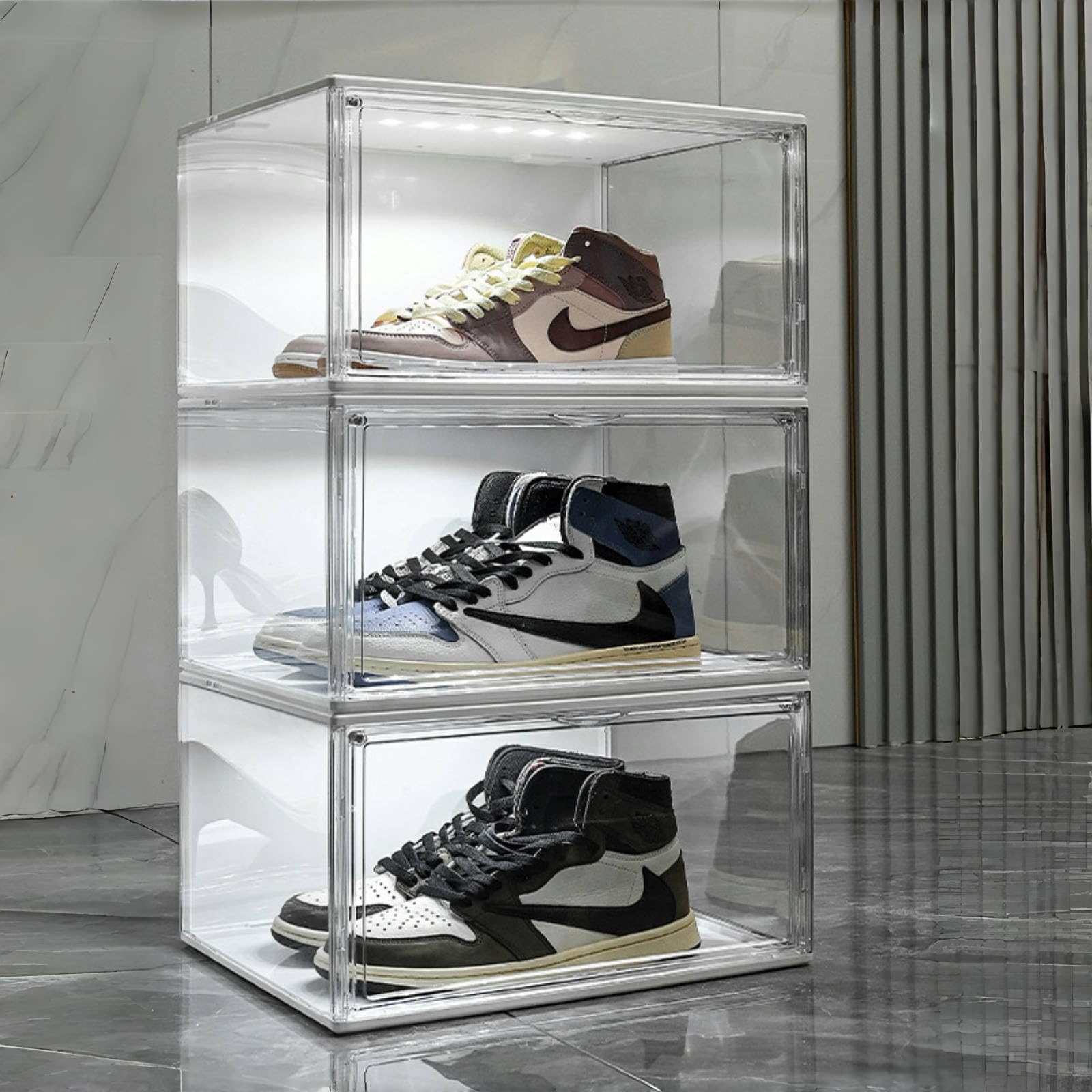 シューズボックス LEDライト マグネット式扉 透明シューズケース アクリルケース スニーカーボックス 大容量収納ボックス 簡単組立 積み重ね可能 透明収納靴箱 小物化粧品収納ケース 幅36×高さ22×奥27cm 3個セット