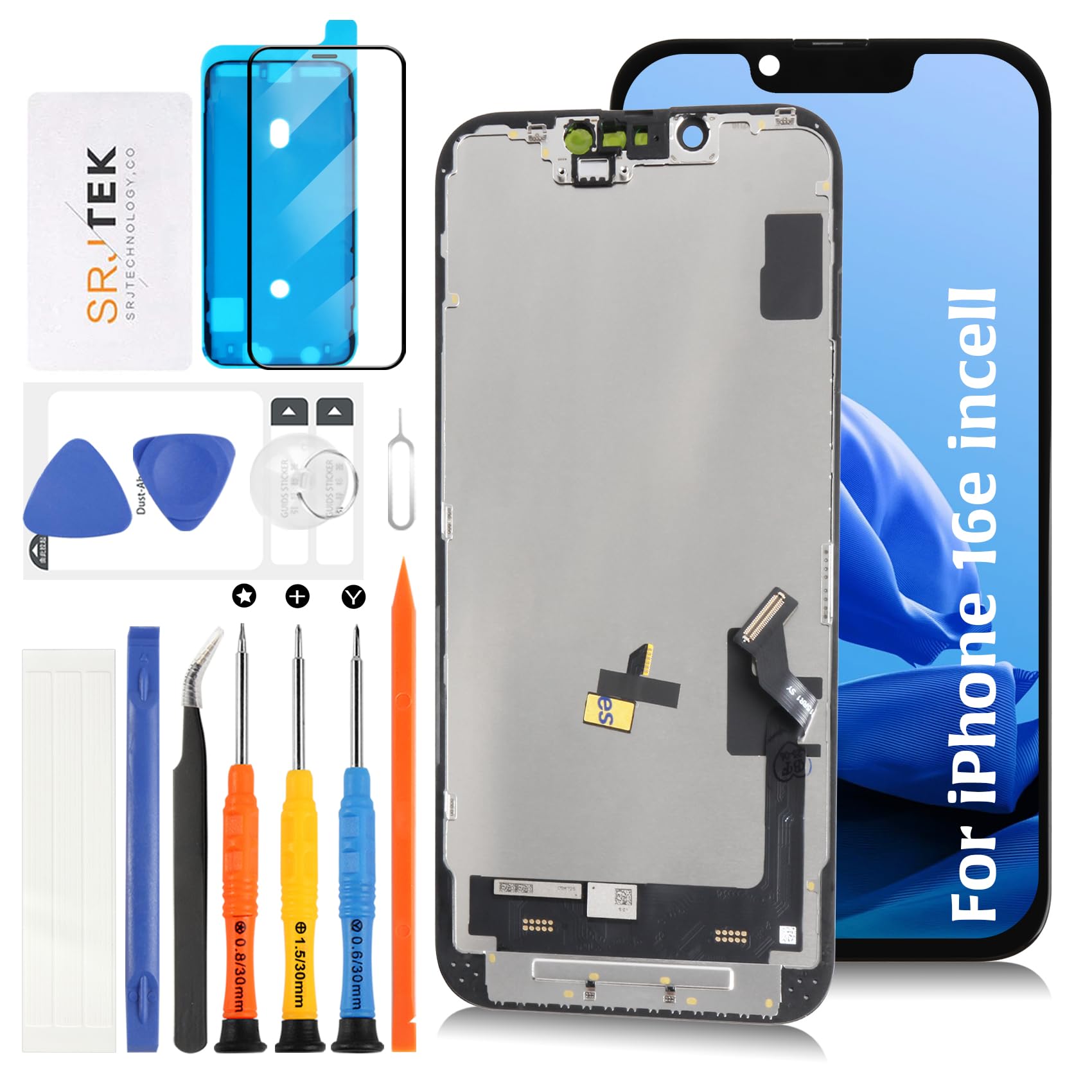 SRJTEK For iPhone 16e incell 液晶パネル 画面交換修理用【同様のノッチサイズ+センサー・ケーブル付き】A3212, A3409, A3410, A3408タッチパネルセット 6.1インチ モデルに対応 LCDディスプレイタッチス