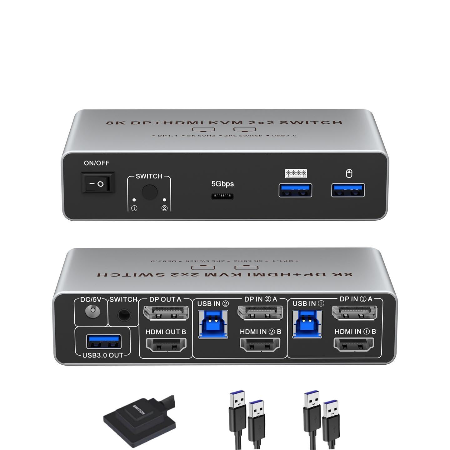 8K@60Hz HDMI+DisplayPort KVMスイッチ 2入力2出力 PC 2台モニター2台 KVM 切替器 HDMI2.1 パソコン2台モニター2台切り替え 4つのUSB 3.0ポート キーボード/マウス/プリンター/他のデバイス対応 パソコン