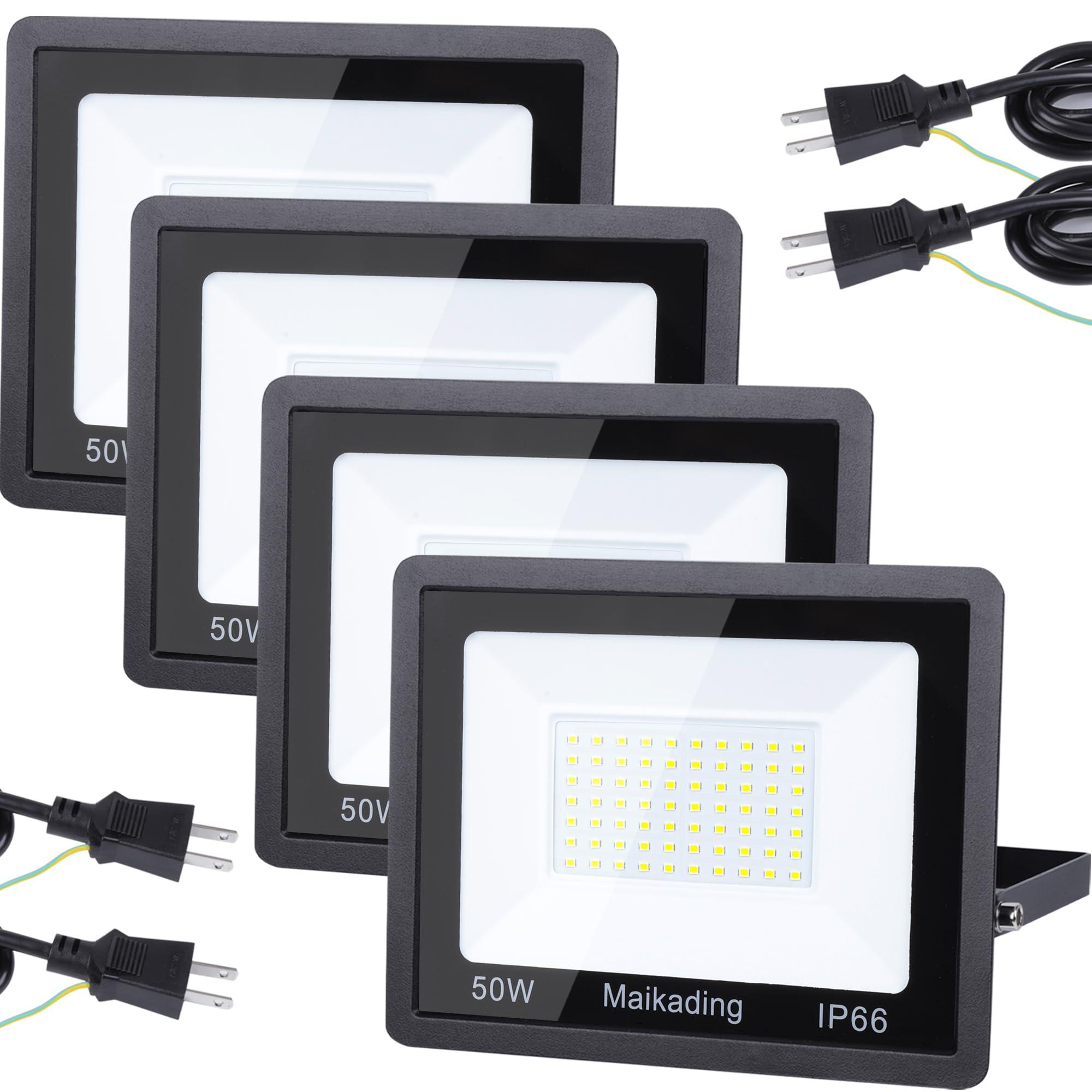 Maikading LED 投光器 50W 作業灯【4個セット】850w相当 8000LM 薄型 2mコード付 アース付きプラグ PSE適合 耐久性 省エネ 倉庫照明 防犯灯 駐車場灯 屋外作業