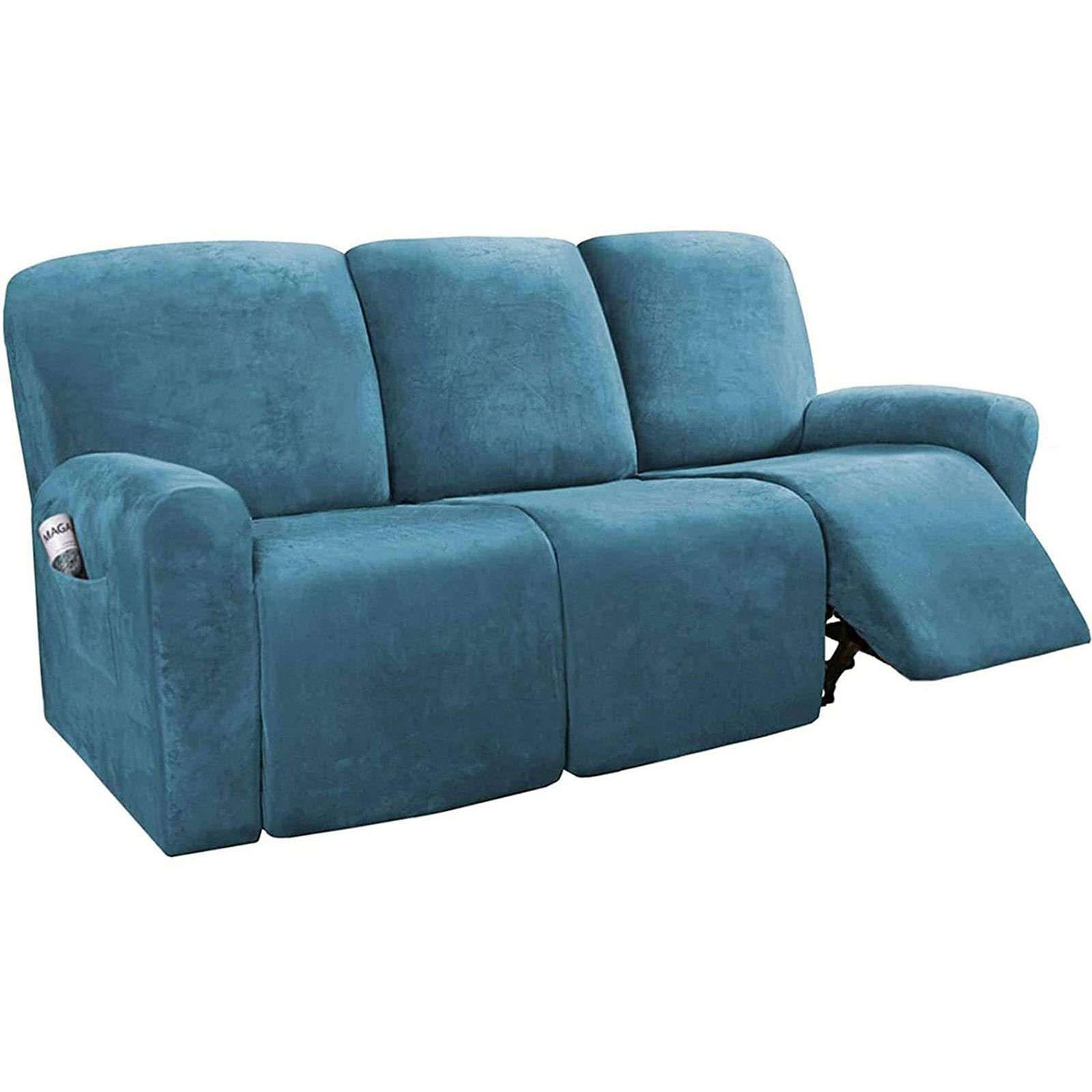 ストレッチ ベルベット リクライニングソファーカバー 3人掛け, 8-分割タイプ 付 サイドポケッ 電動 リクライニングチェア ソファーカバー 滑り止め ソファーカバー に適用する 子 ペット-青い-3人掛け