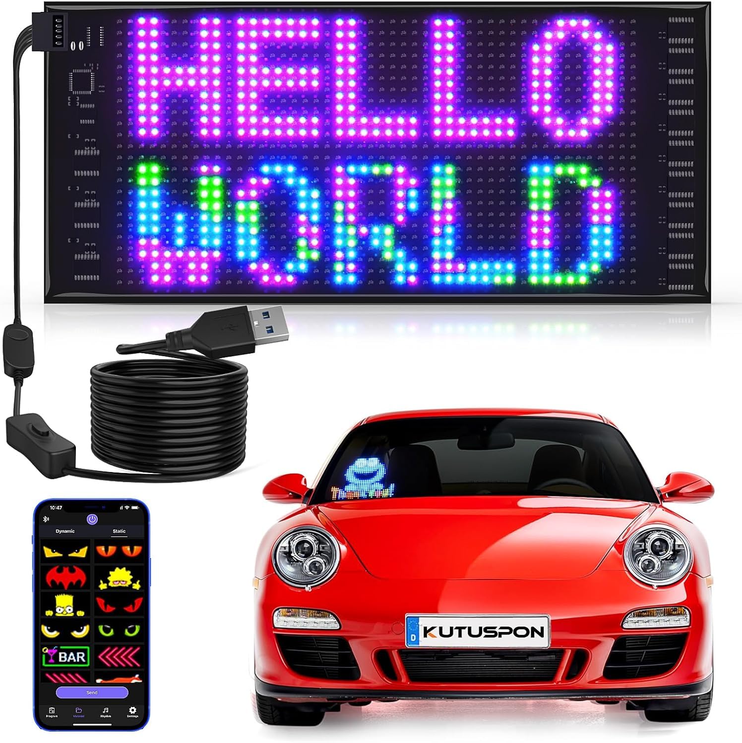 Kutuspon 新しい 2列・示 LED 電光掲示板 、明るいプログラム可能なスクロール LED 看板 車 悪魔の目、..