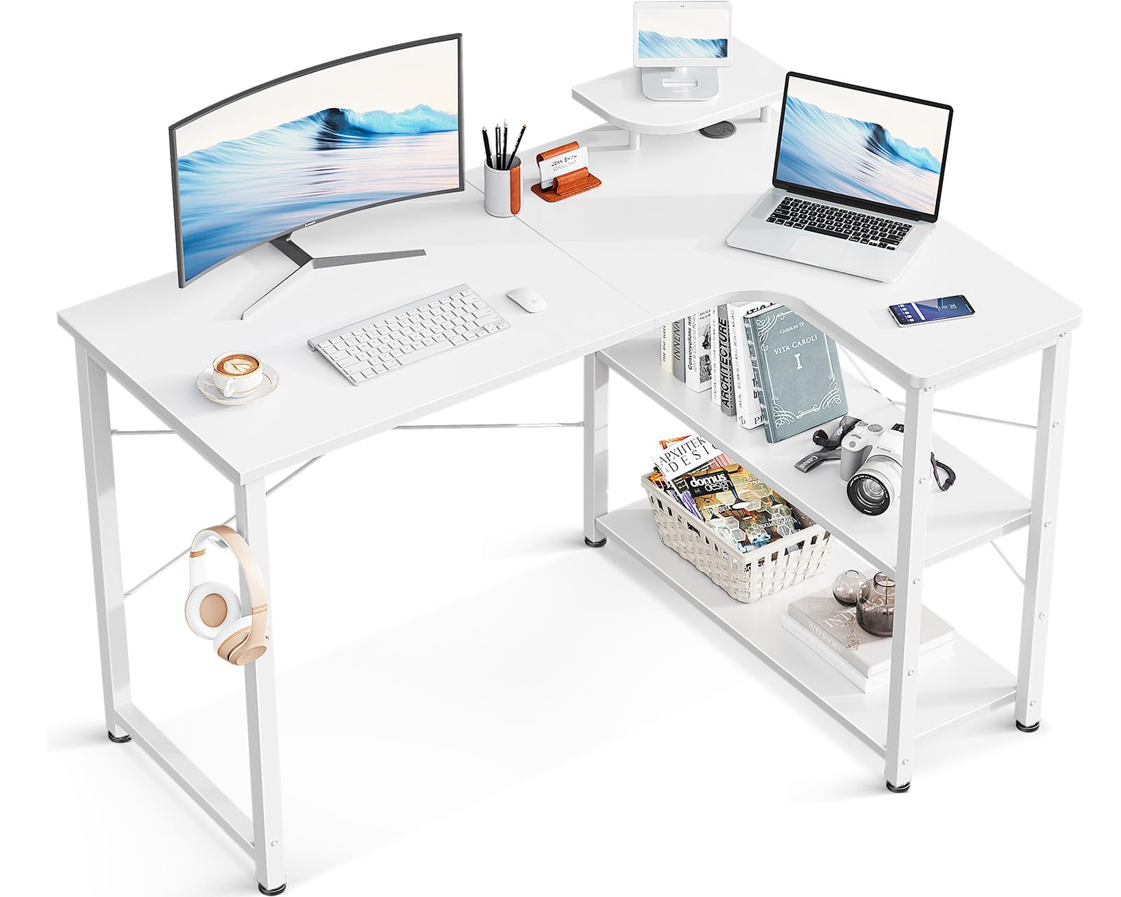 ODK ゲーミングデスク L字 パソコンデスク 幅110 デスク desk 机 pcデスク 棚付き オフィス ワーク 在宅勤務 桌子 作業机 組立簡単 ホワイト 右棚